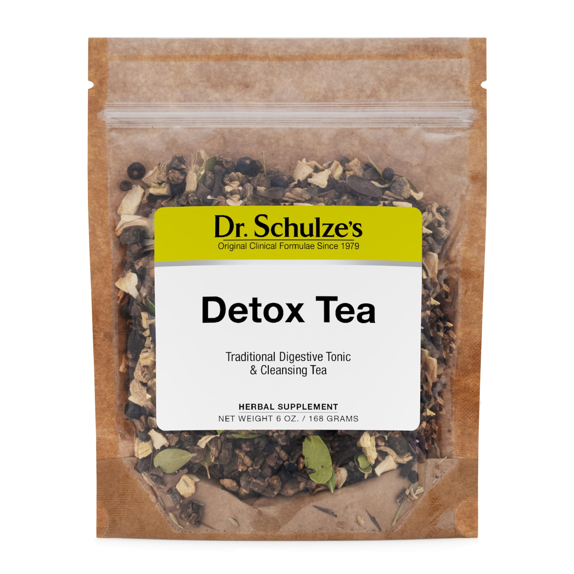 Dr. Schulze’s Detox Tea, empaque práctico para almacenamiento y uso diario.