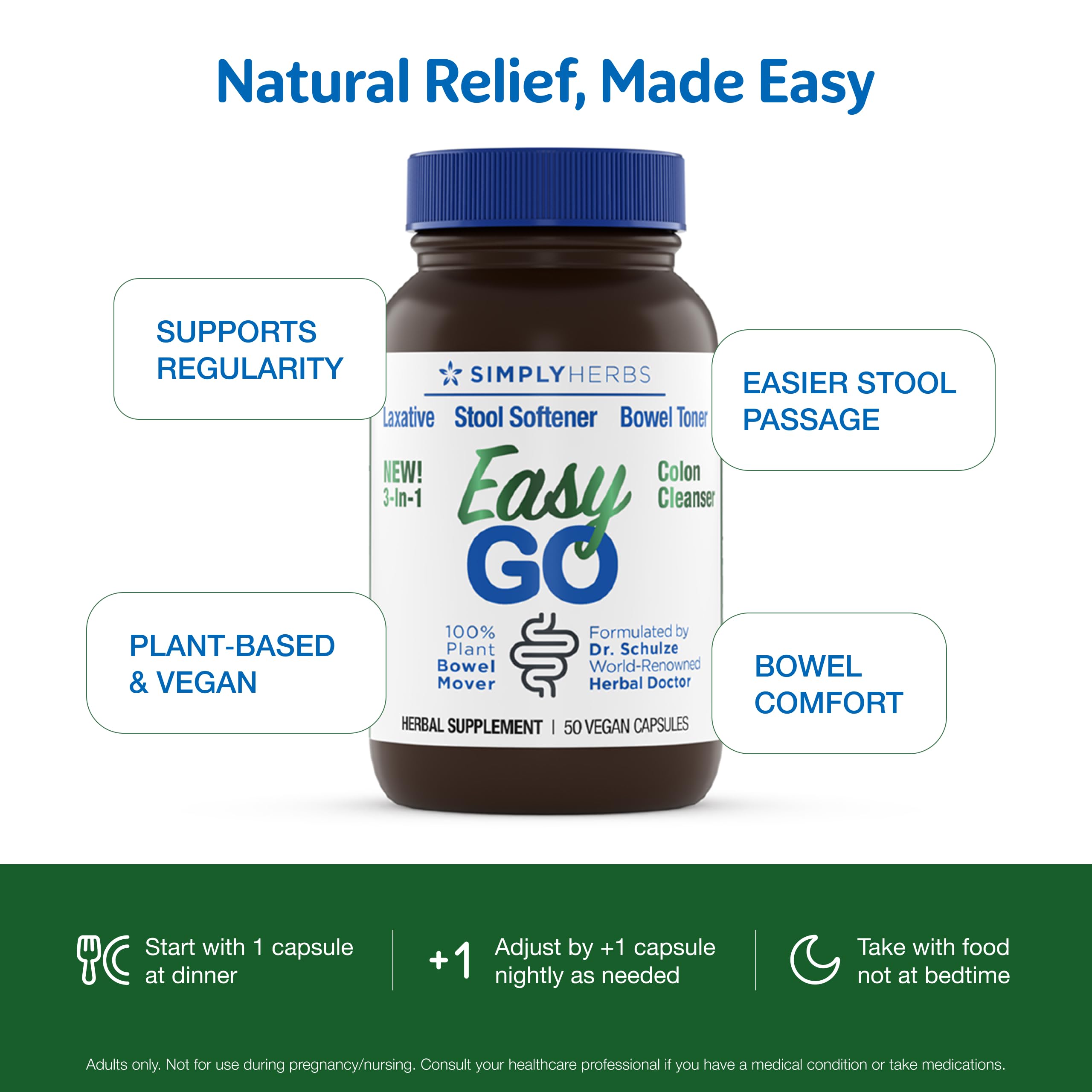 Dr. Schulze's Easy Go Bowel Mover: envase con 50 cápsulas veganas.