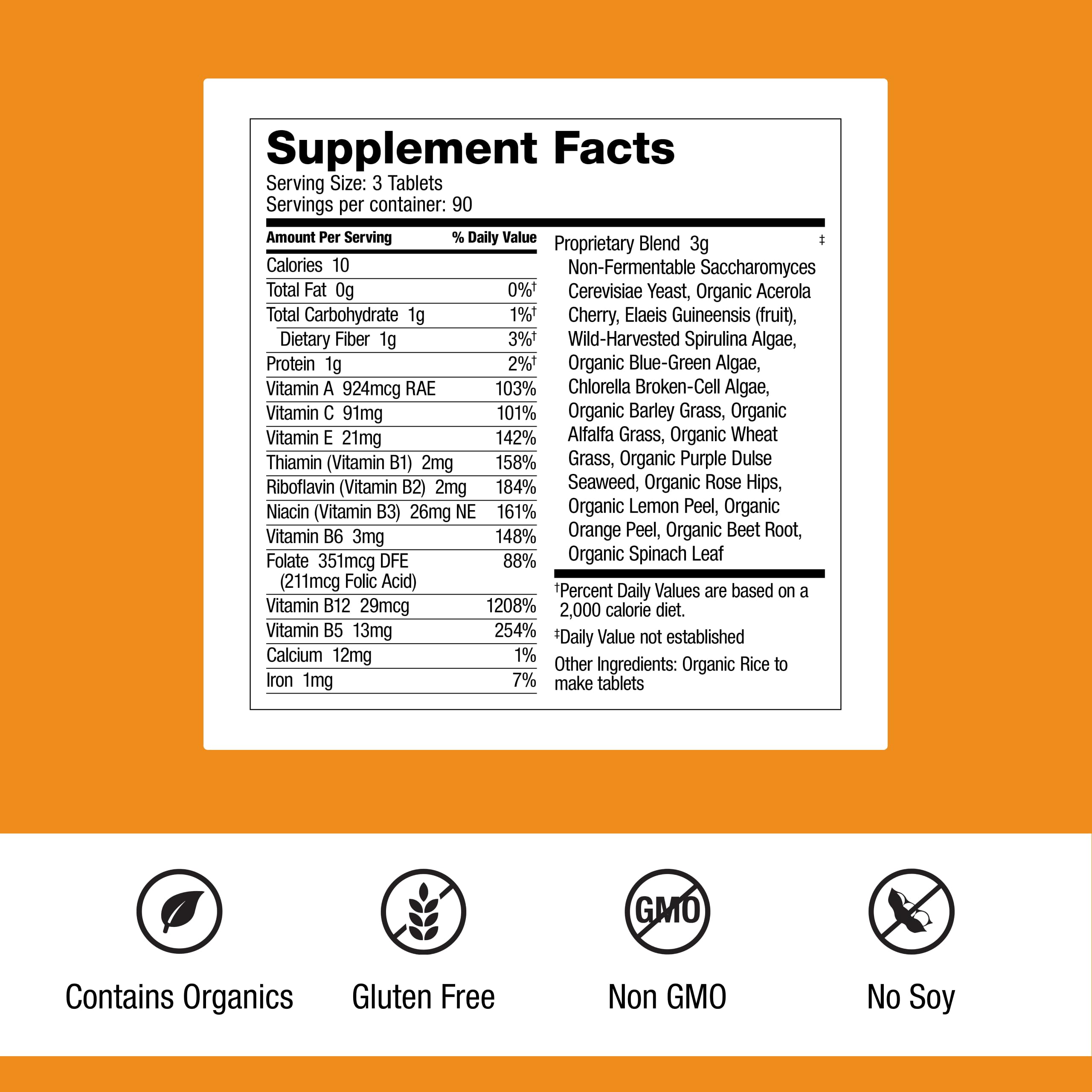 Dr. Schulze's SuperFood 100 etiqueta detallada con ingredientes orgánicos.