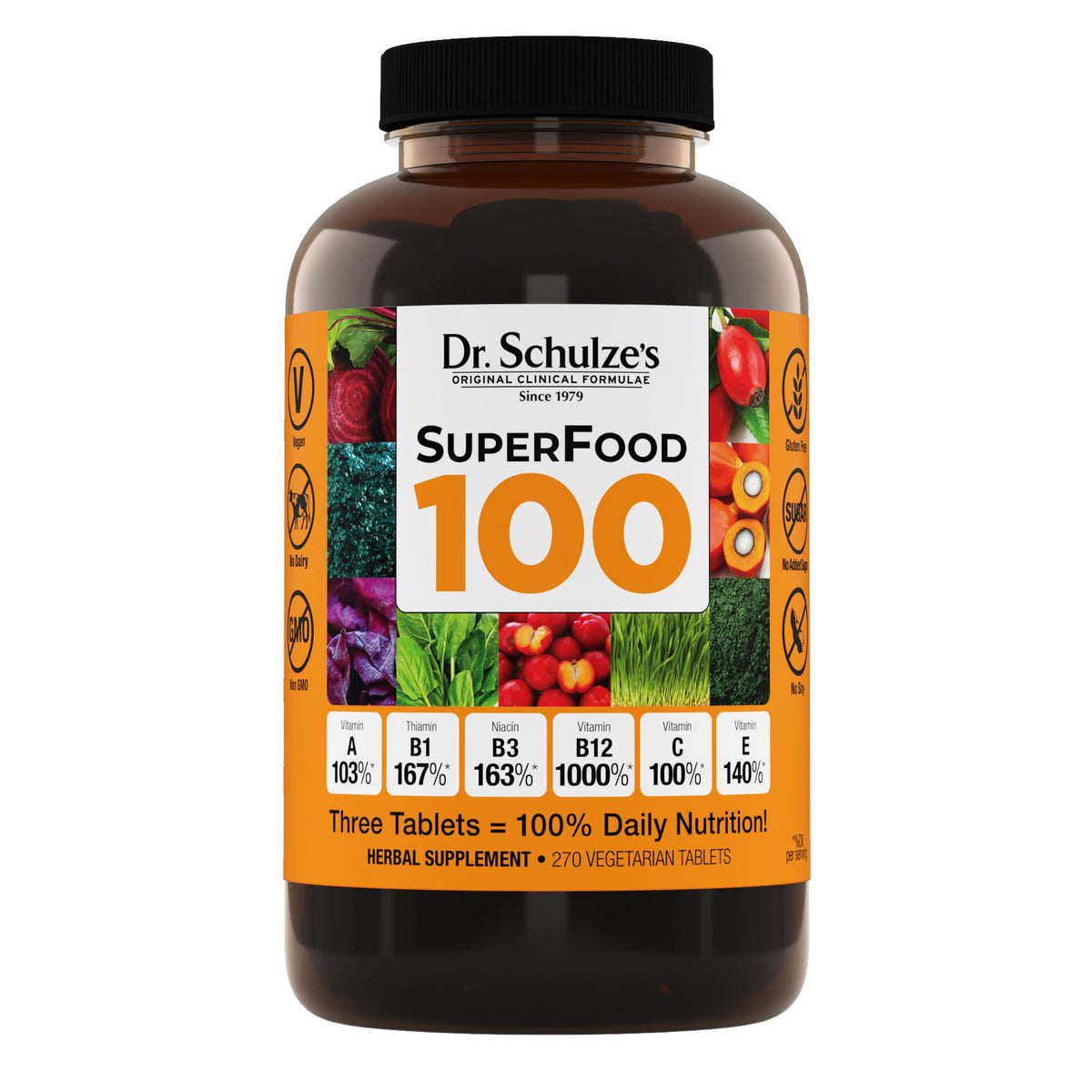 Dr. Schulze's SuperFood 100 frasco frontal, nutrición vegetal para el día a día.