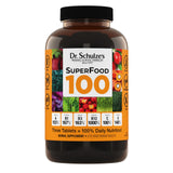 Dr. Schulze's SuperFood 100 frasco frontal, nutrición vegetal para el día a día.
