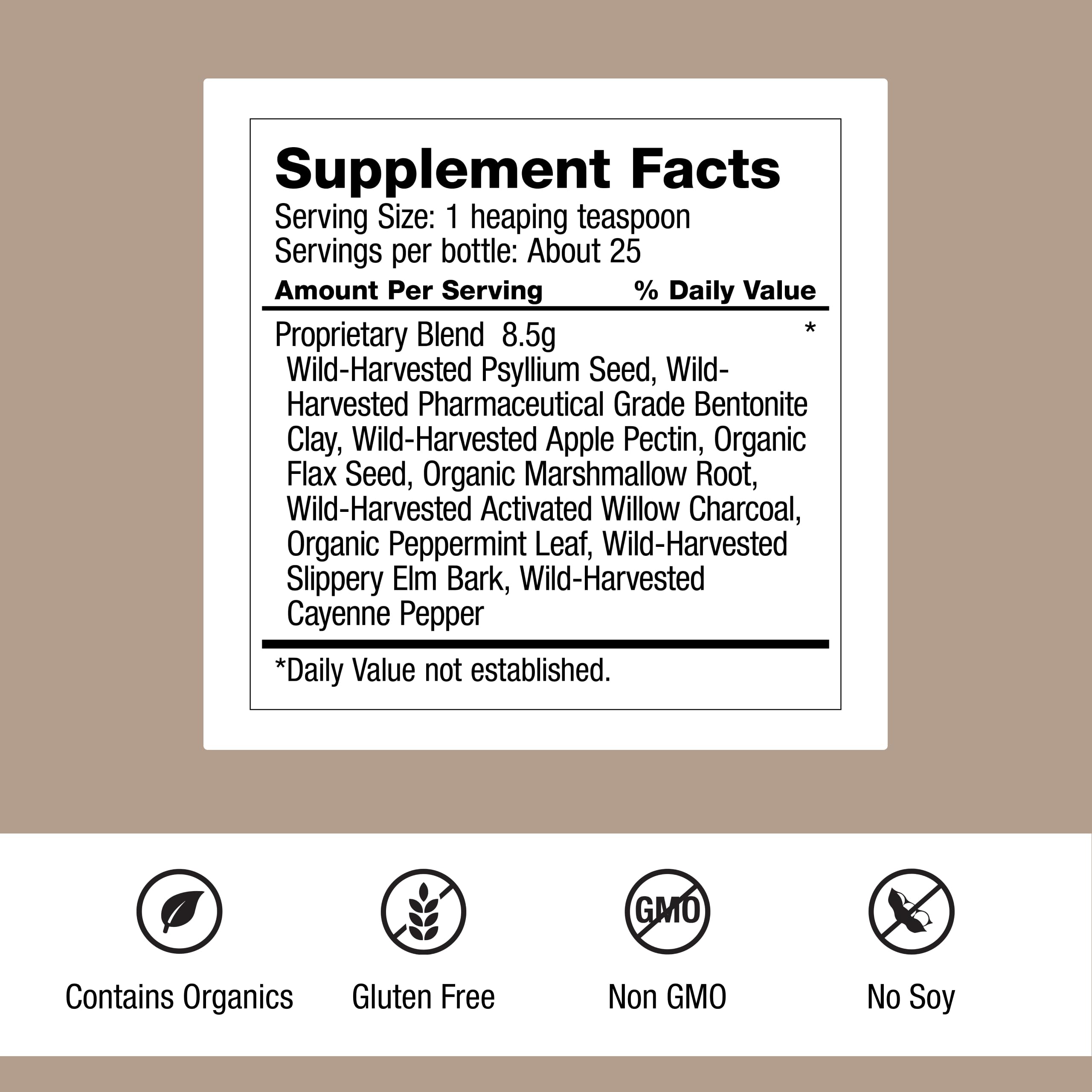 Etiqueta de Dr. Schulze's Intestinal Formula #2 con ingredientes vegetales y perfil gluten-free.