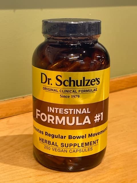 Dr. Schulze's Intestinal Formula #1 - etiqueta frontal: identificación rápida de hierbas orgánicas de calidad.