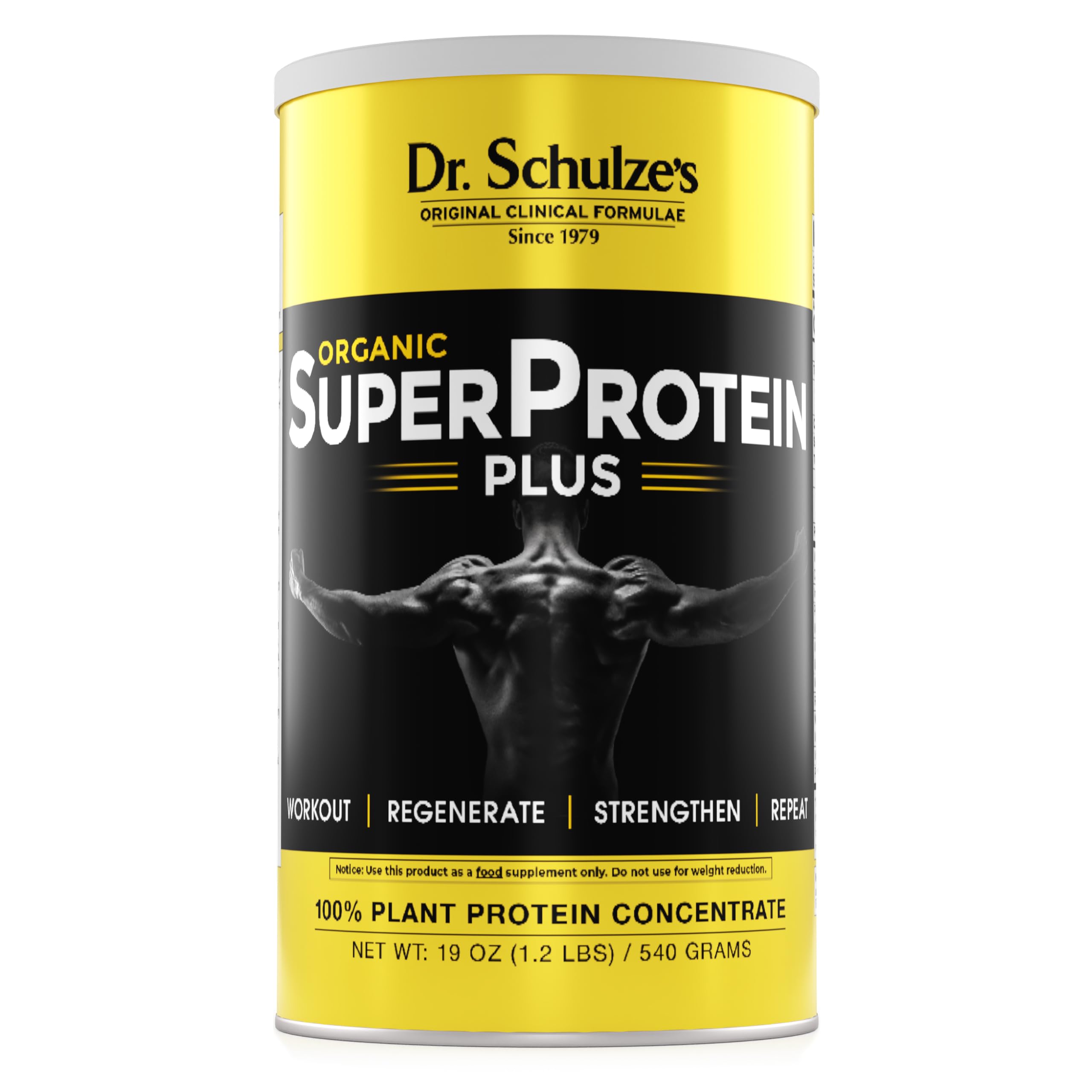Dr. Schulze's SuperProtein Plus, bote frente, apoyo para entrenamiento diario.