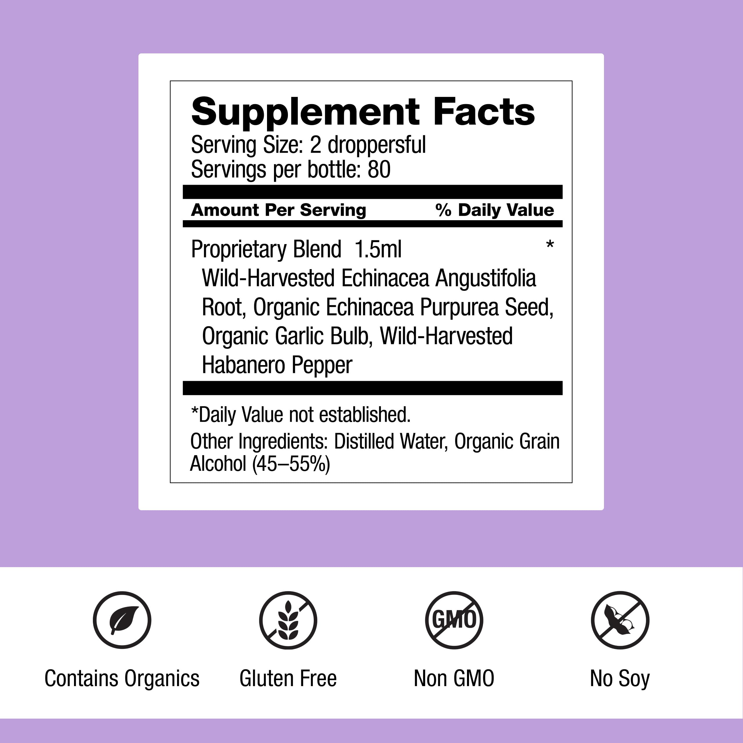 Dr. Schulze's Echinacea Plus, etiqueta del frasco, destaca calidad y origen orgánico.