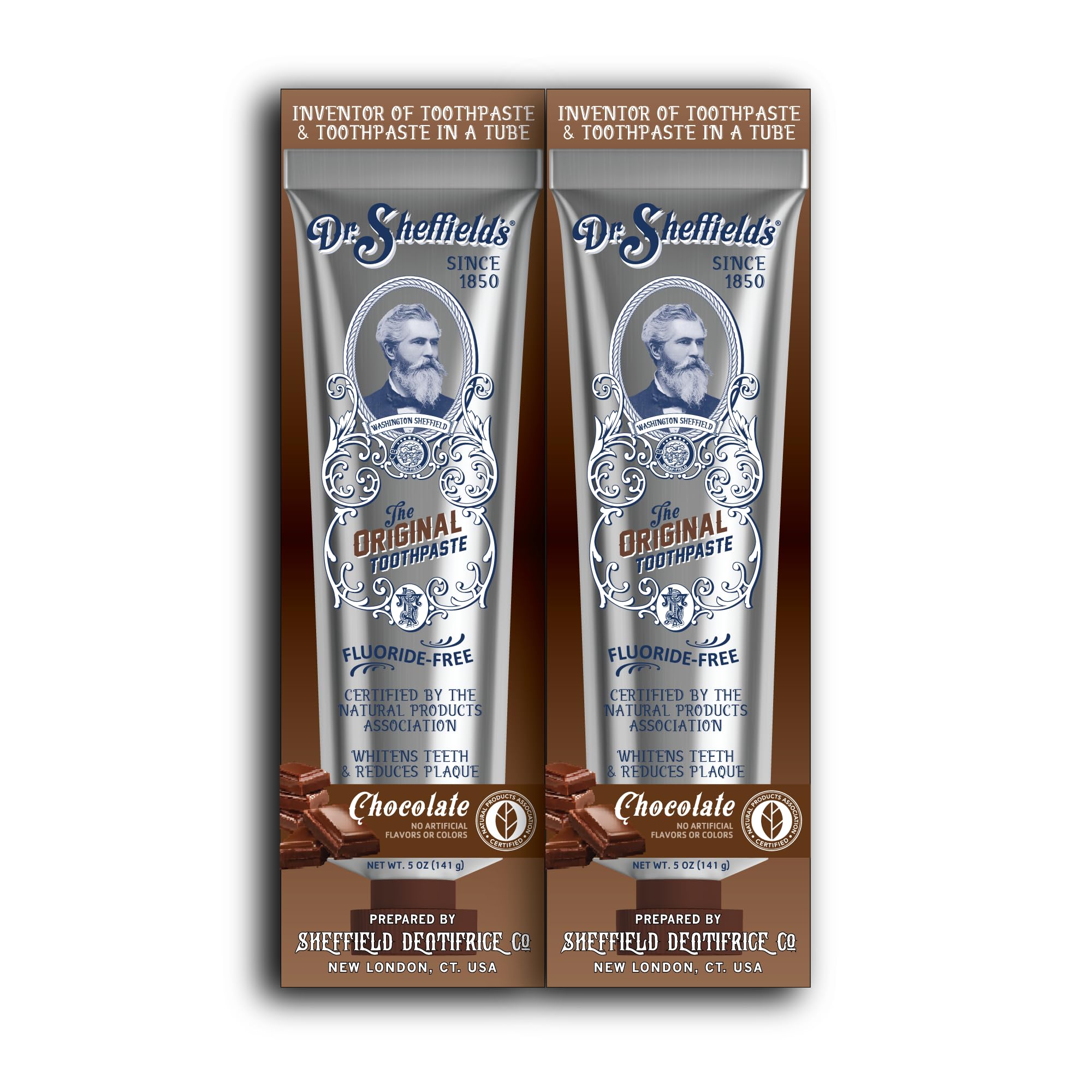 Dr. Sheffield’s dentífrico natural chocolate, empaque visible para un cuidado diario