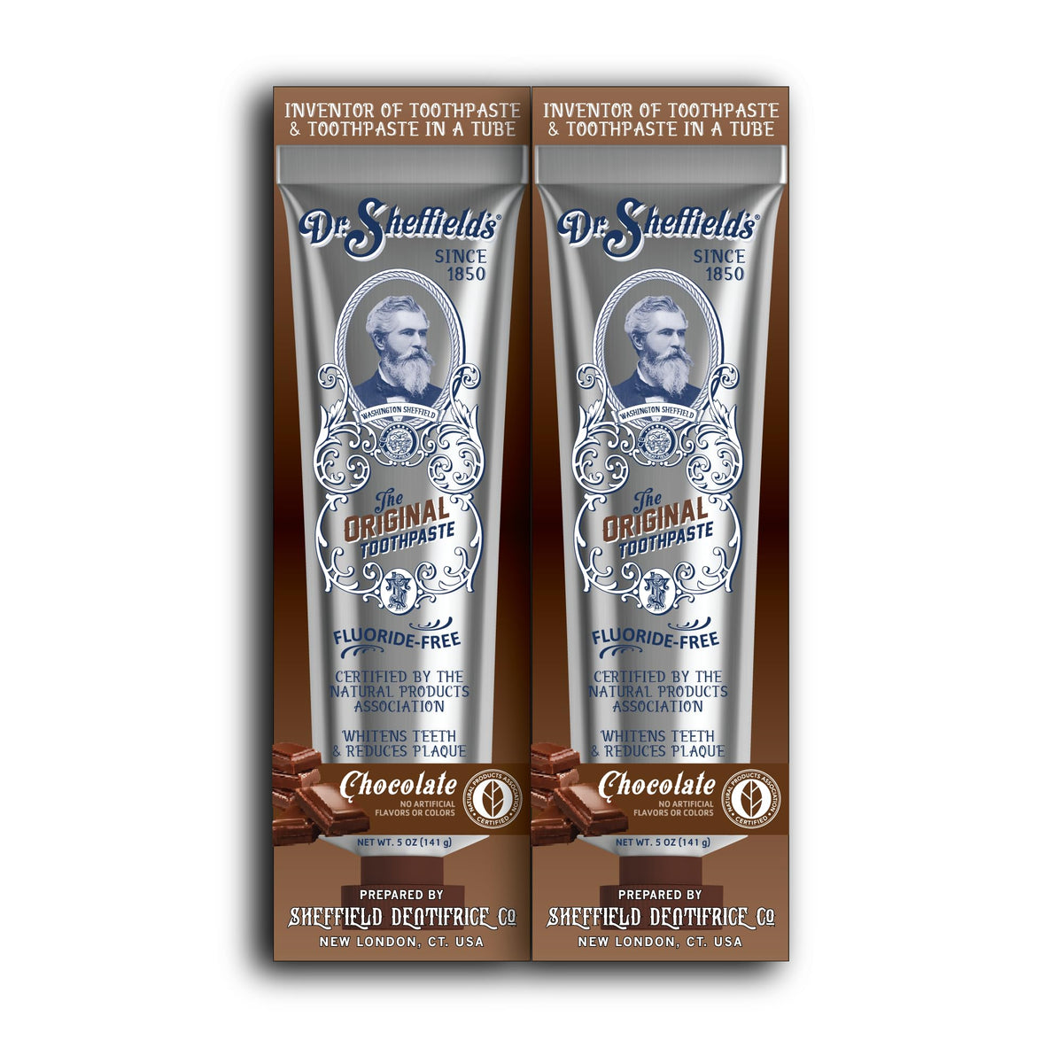 Dr. Sheffield’s dentífrico natural chocolate, empaque visible para un cuidado diario