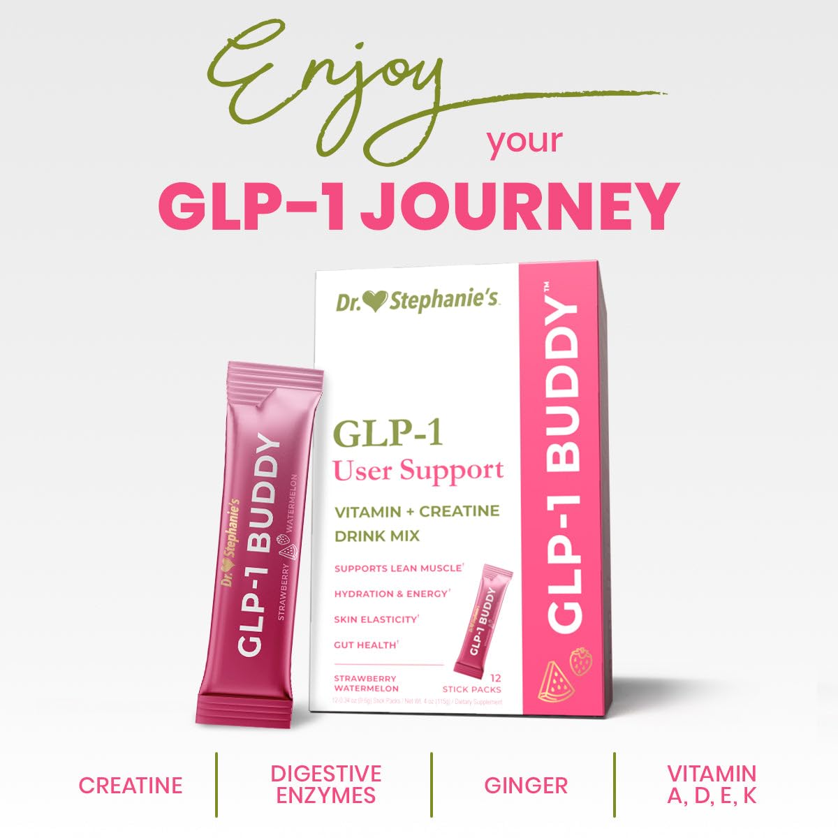 Dr. Stephanie's GLP-1 Buddy, enzimas digestivas visibles, favorecen digestión estable.