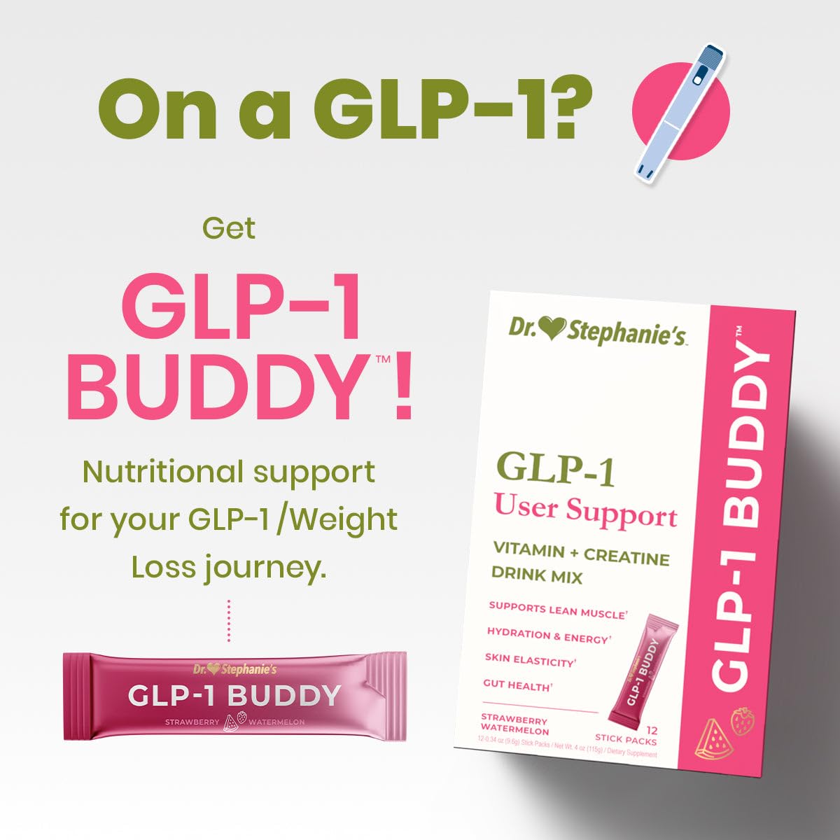 Dr. Stephanie's GLP-1 Buddy, jengibre y enzimas para digestión suave.