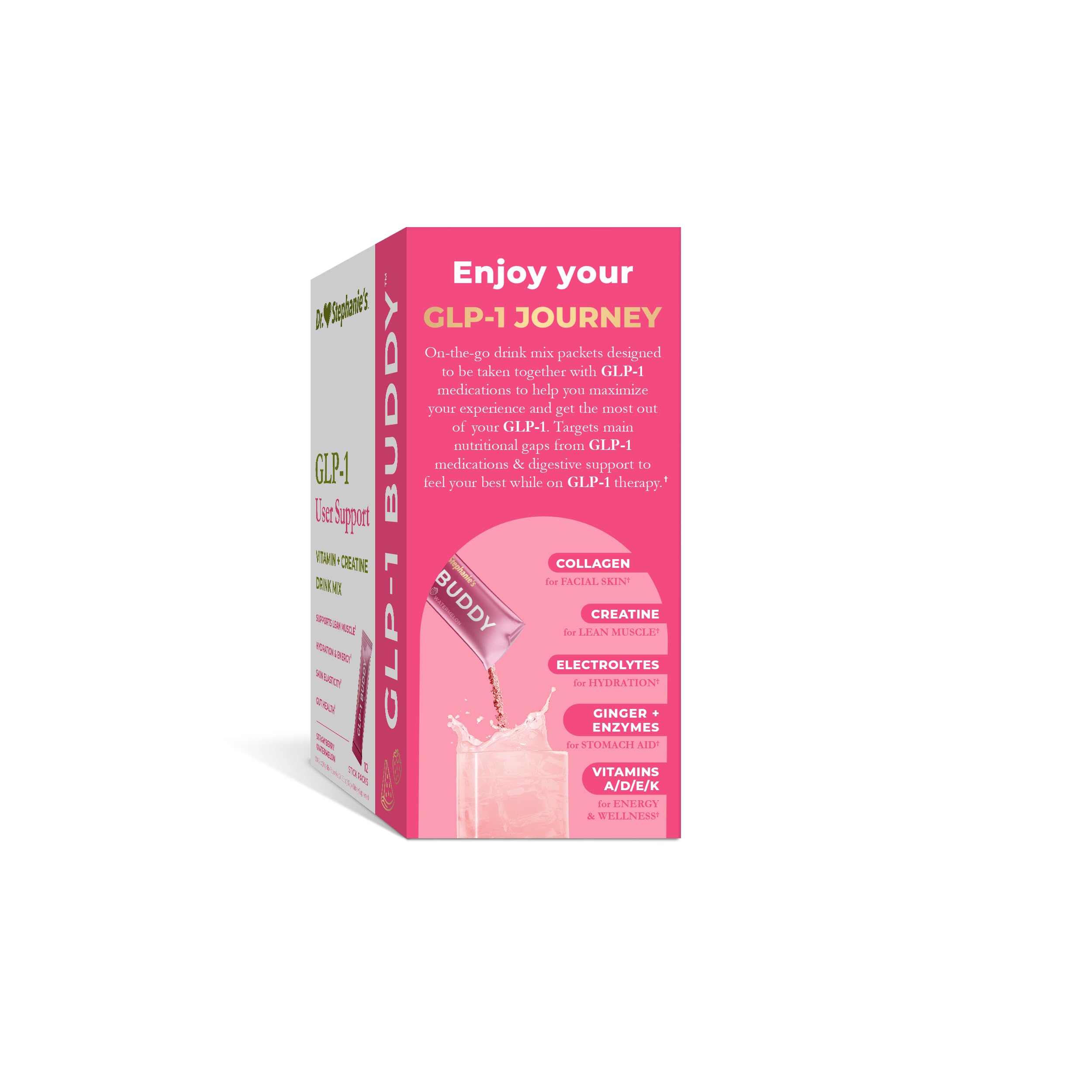 Dr. Stephanie's GLP-1 Buddy, vaso con mezcla, consumo diario cómodo.