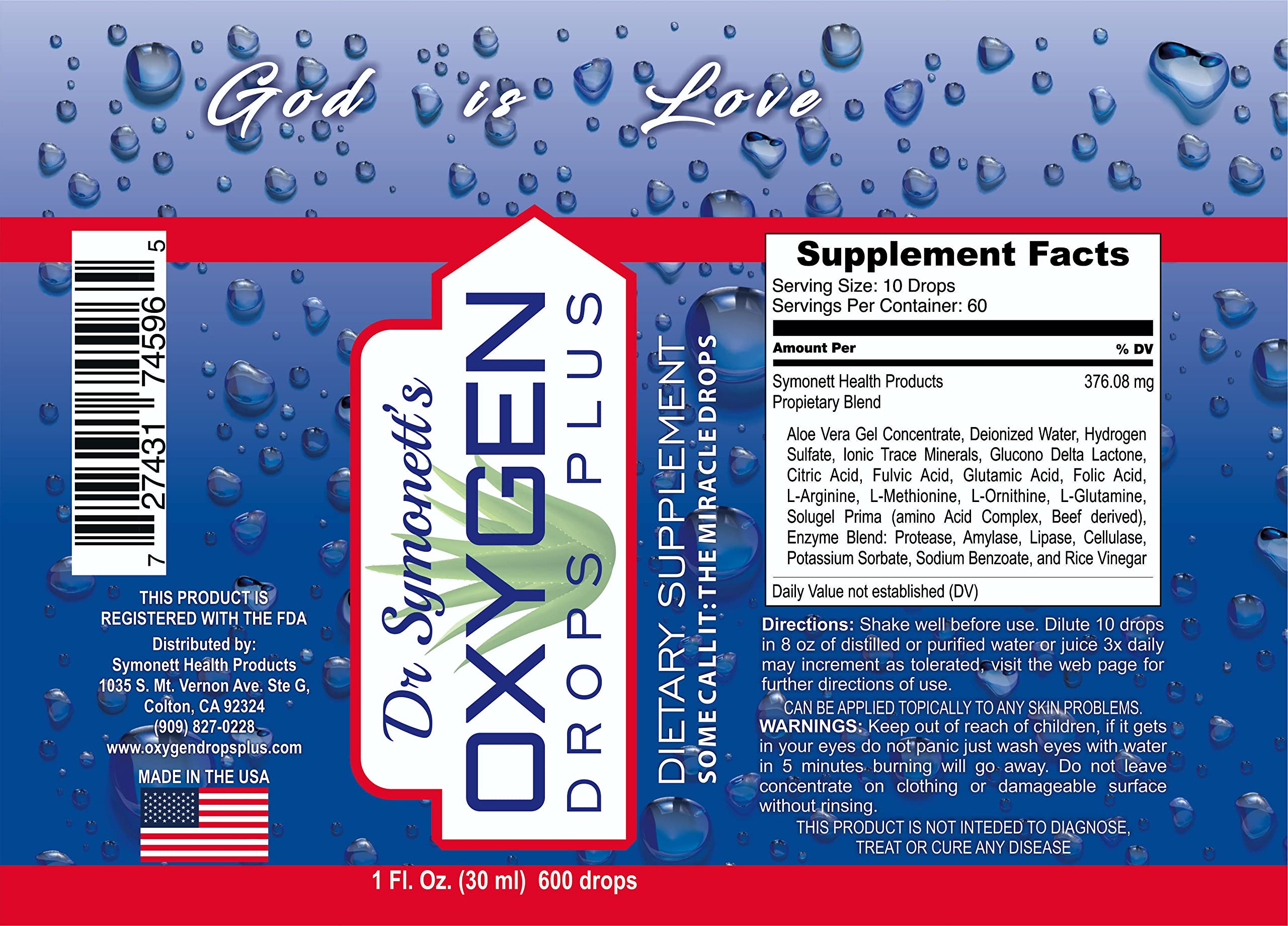 Dr. Symonett's Oxygen Drops Plus, empaque elegante que sugiere cuidado y bienestar.