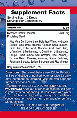 Dr. Symonett's Oxygen Drops Plus, etiqueta visible para mantener la ingesta diaria y nutrición.
