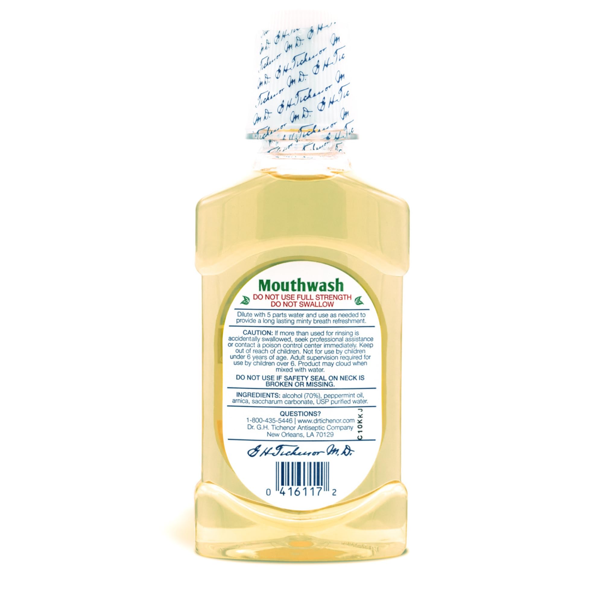 DR. TICHENOR'S enjuague bucal concentrado diluido en agua para uso diario.