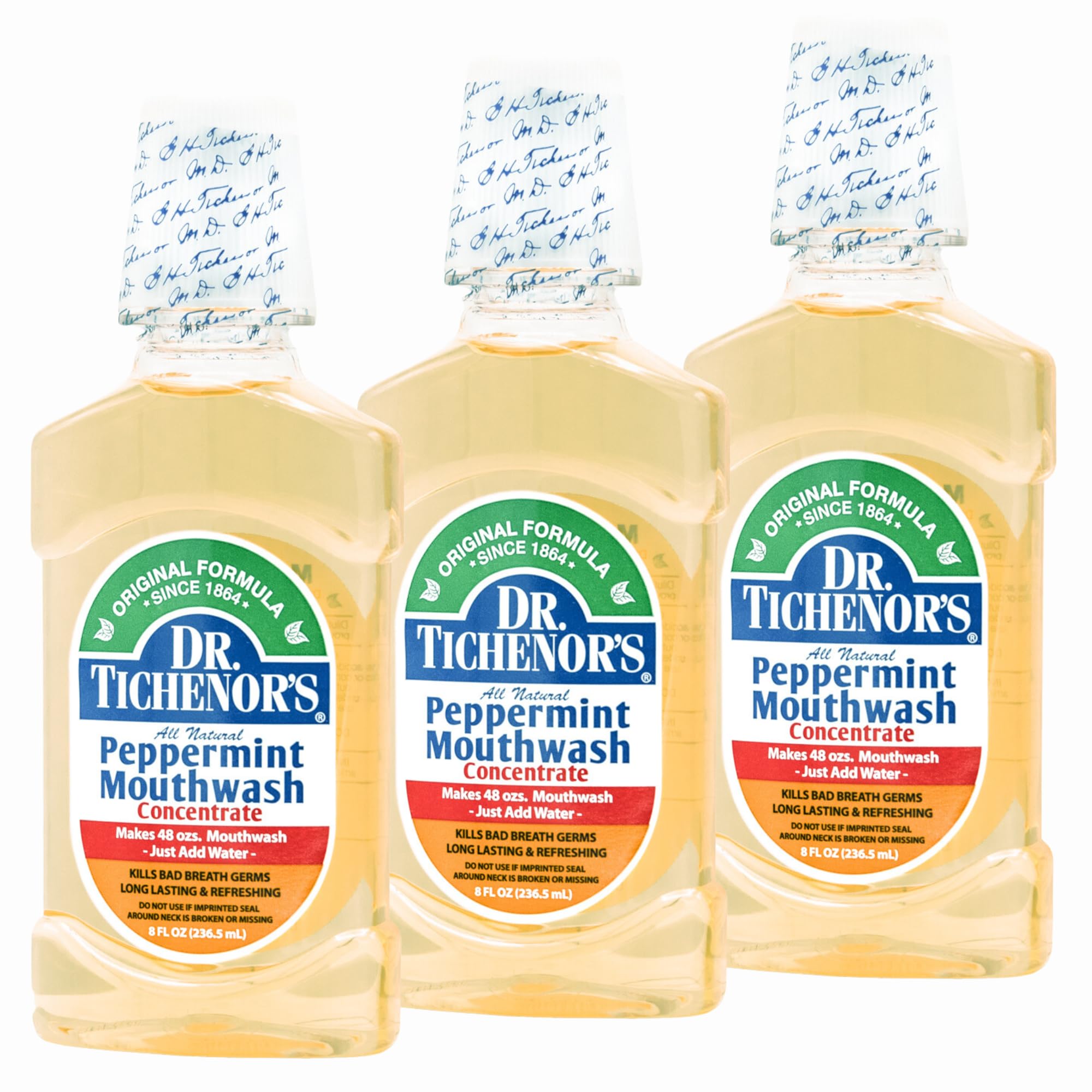DR. TICHENOR'S enjuague bucal concentrado de menta, vertido para diluir y aliento fresco.