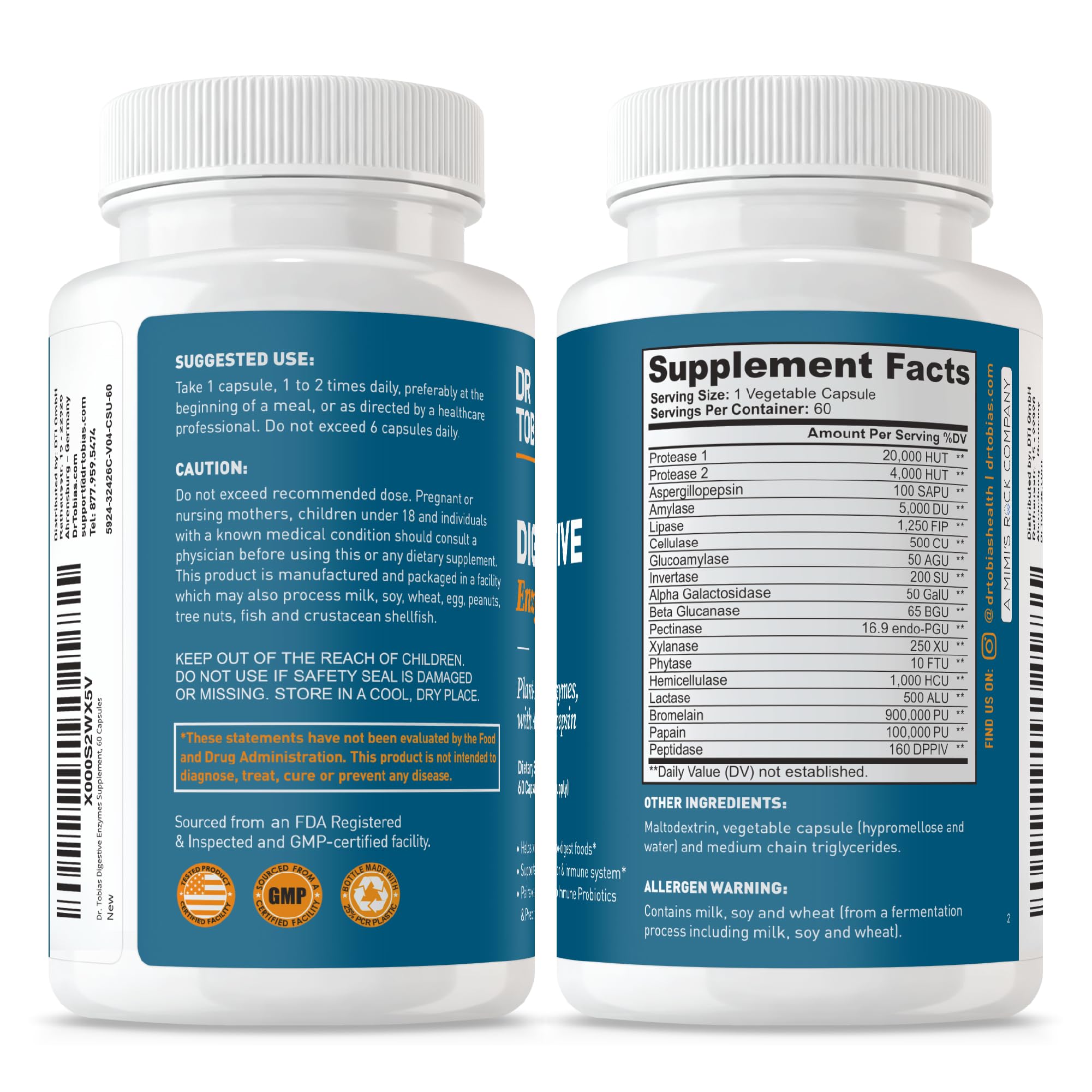 Dr. Tobias Digestive Enzymes: uso diario recomendado cerca de las comidas.