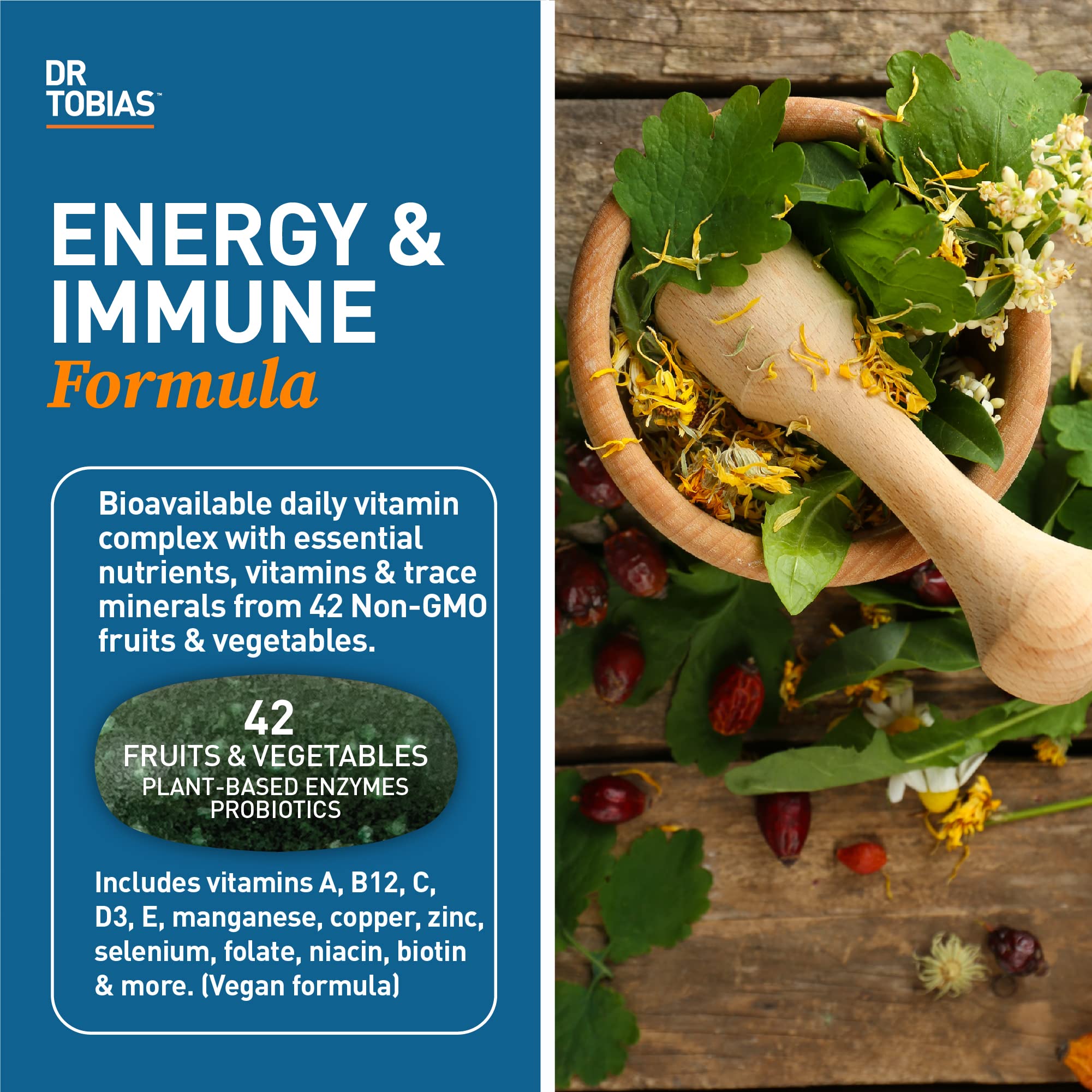 Dr. Tobias multivitaminas con 42 frutas y verduras para nutrición