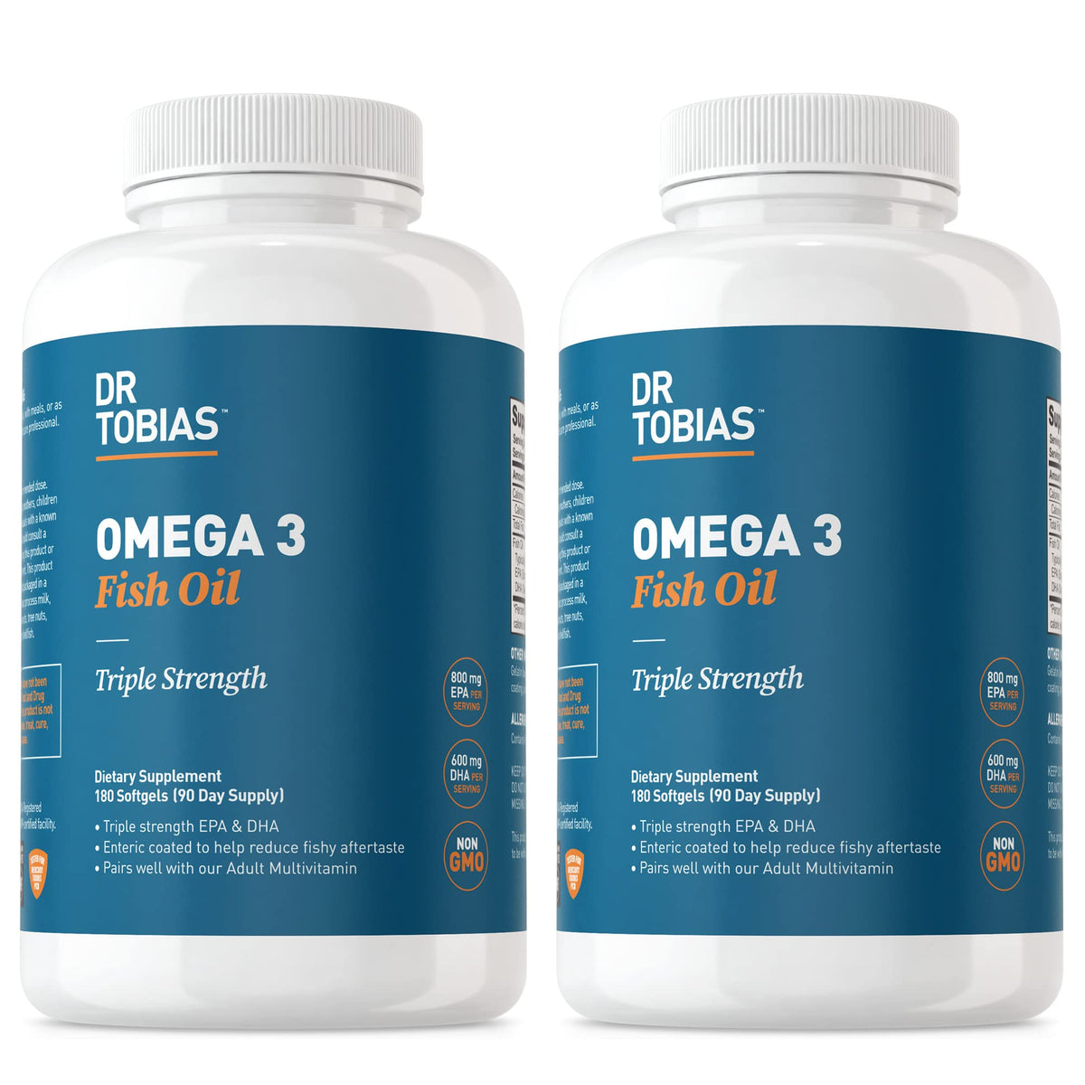 Dr. Tobias Omega 3 en bote de softgels, uso diario para apoyo al corazón.