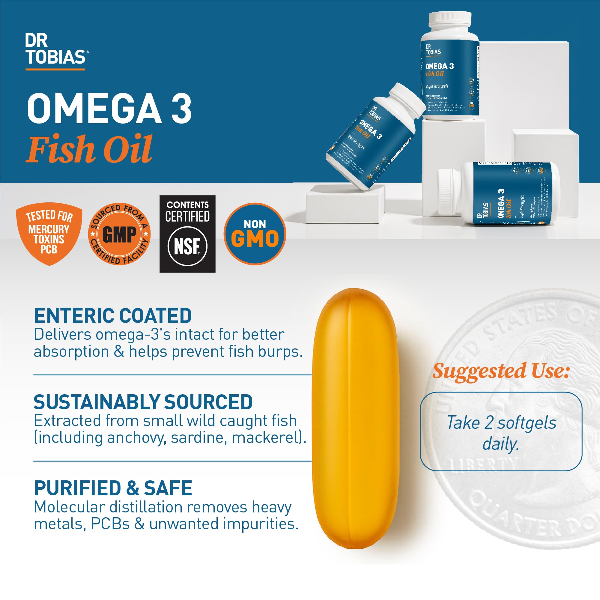 Etiqueta de calidad de Dr. Tobias Omega 3 con información de origen.