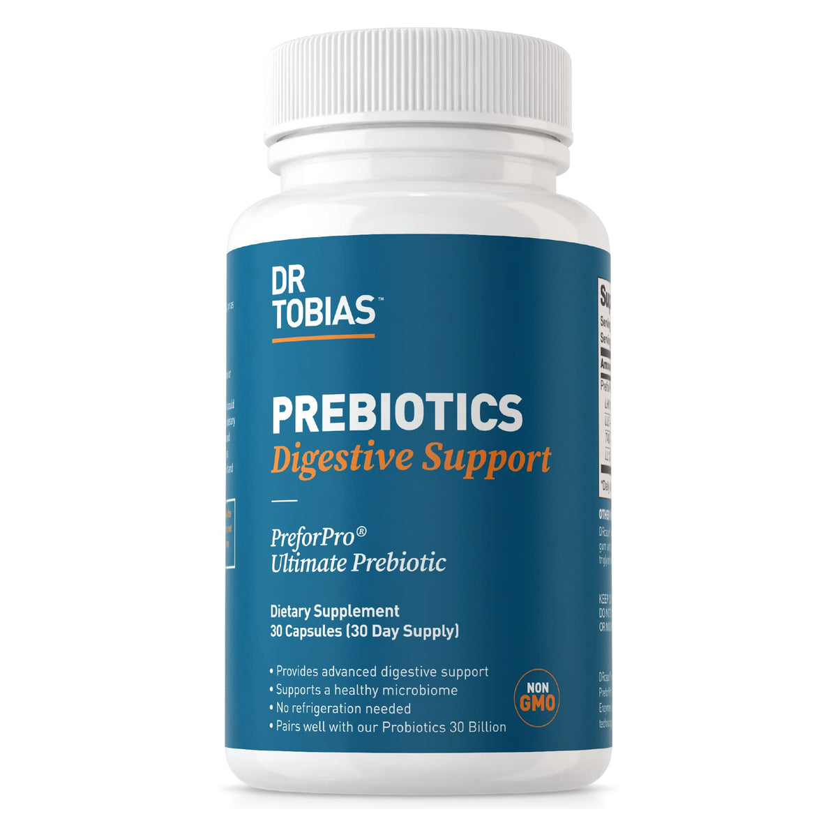 Dr. Tobias Prebiotics: botella de cápsulas para apoyar la salud intestinal