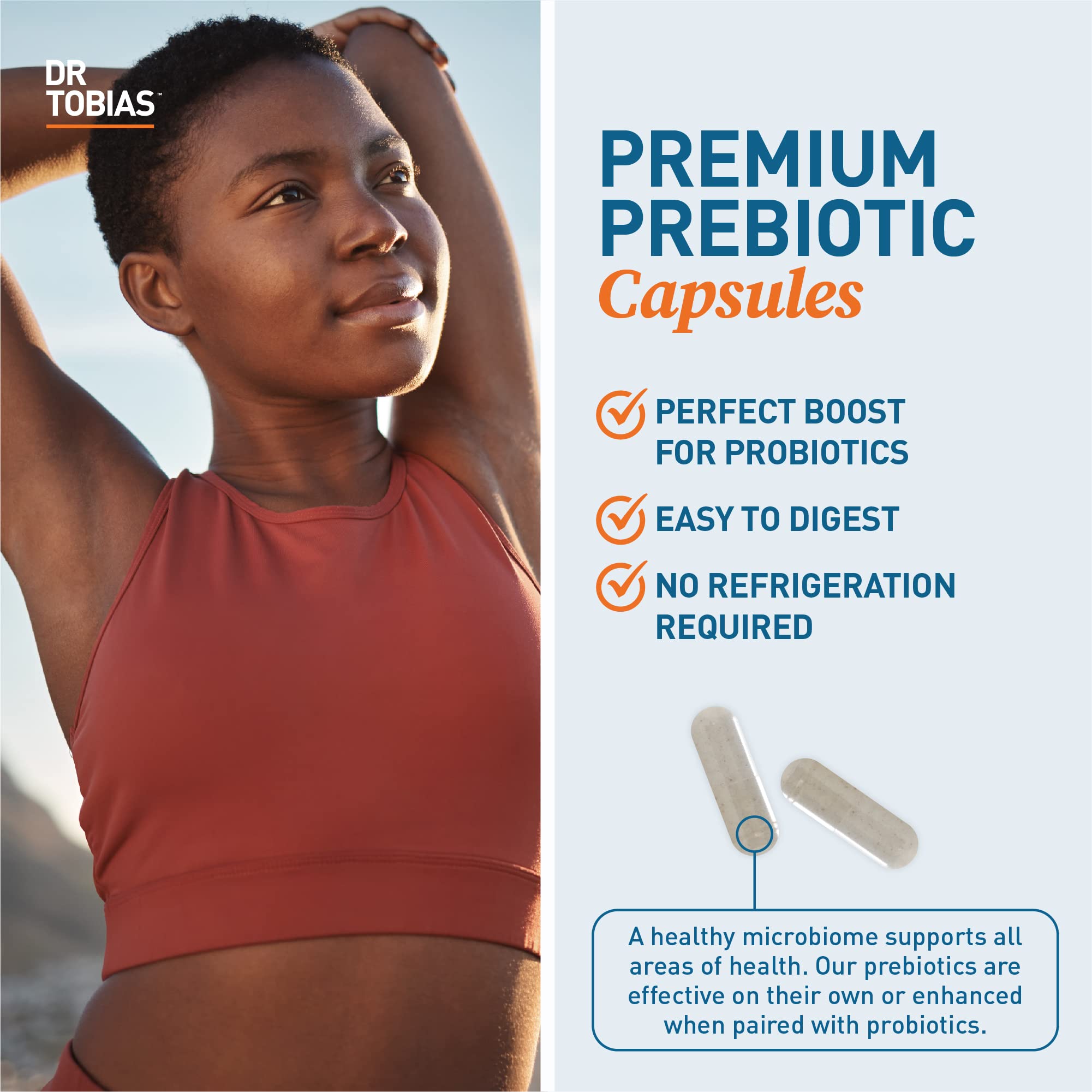Dr. Tobias Prebiotics empaque exterior, opción vegana y sin OGM.