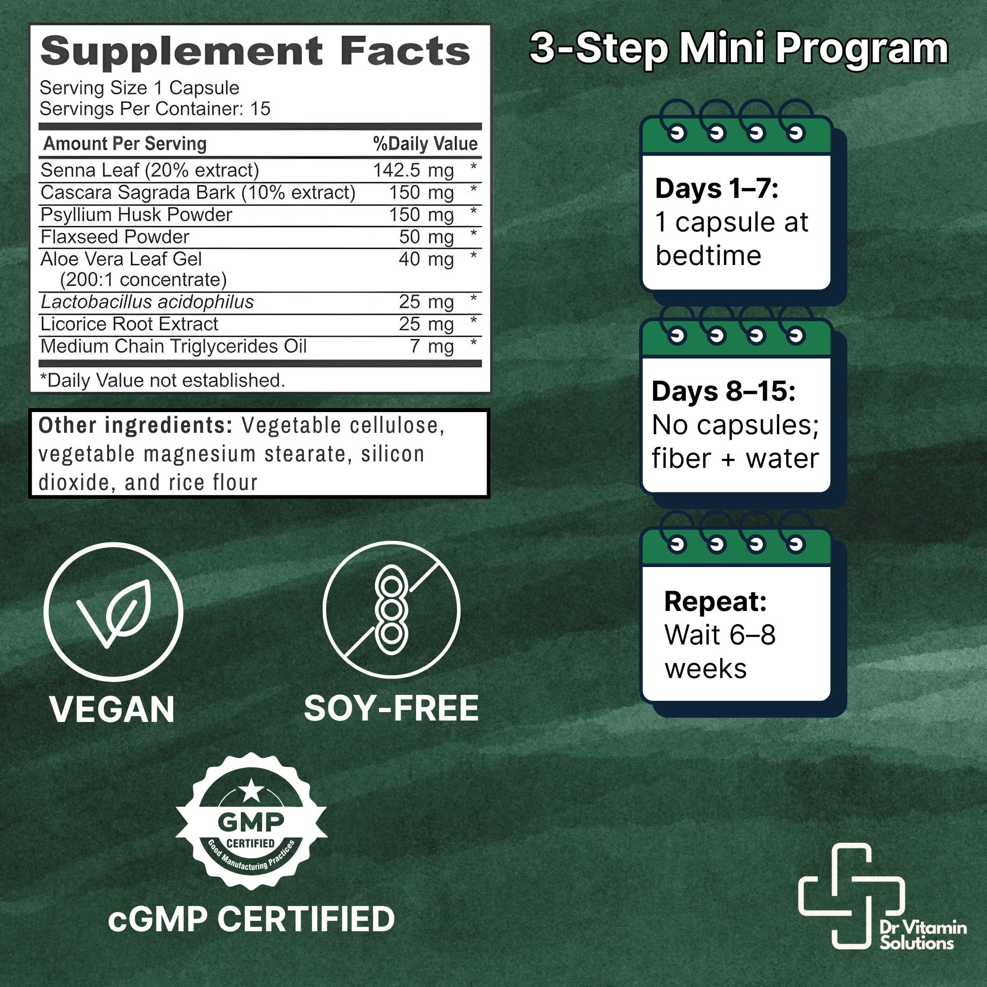 DR VITAMIN SOLUTIONS 15 Días Cleanse: etiqueta legible que destaca ingredientes naturales.