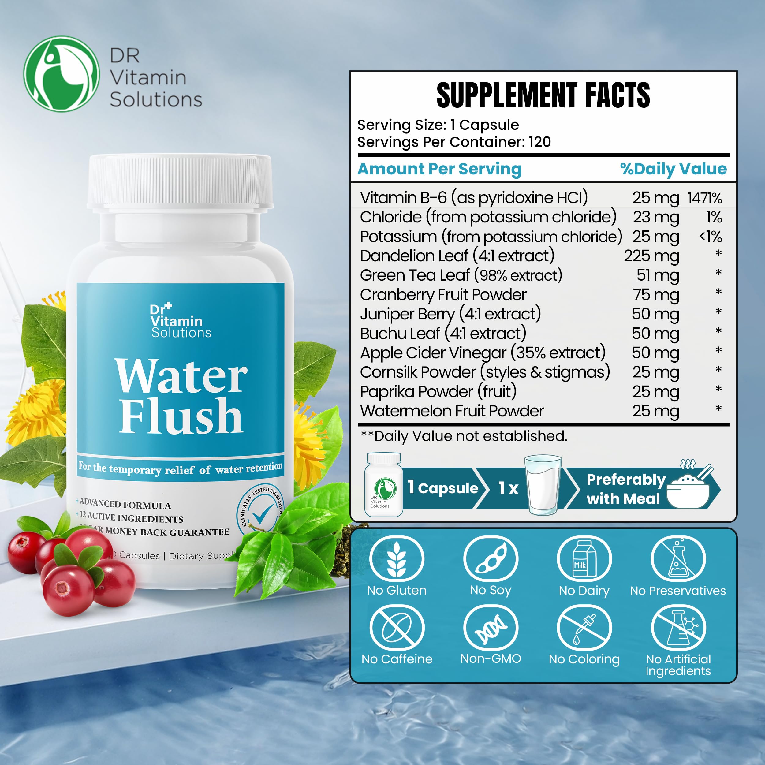 Dr Vitamin Solutions: botella de diuréticos para la retención de líquidos.
