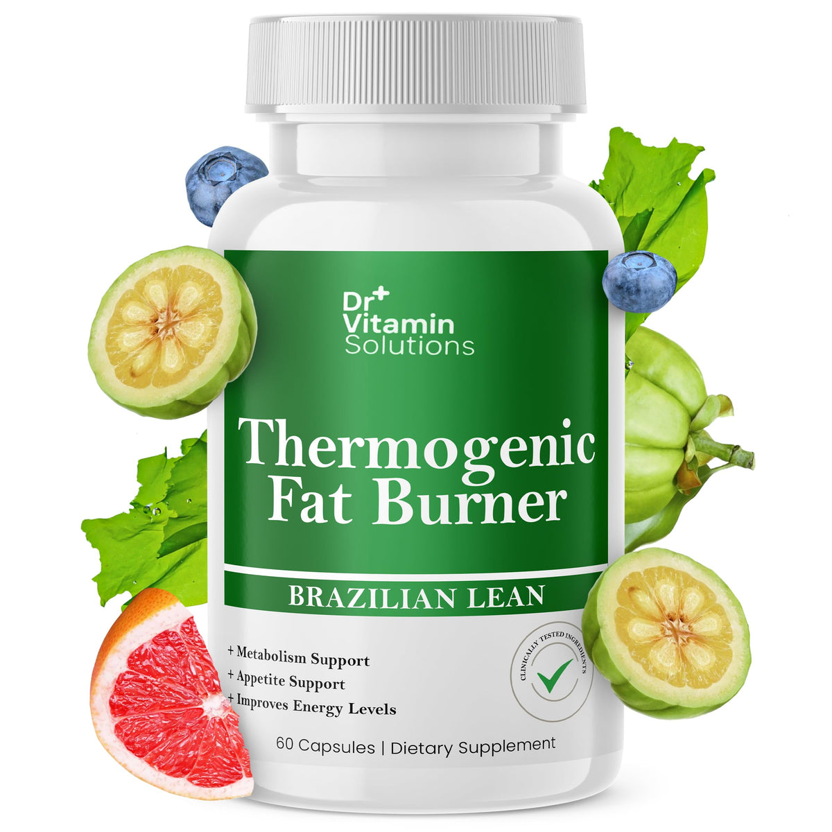 DR VITAMIN SOLUTIONS Brazilian Lean, botella, destaca la forma termogénica para mujeres y hombres.