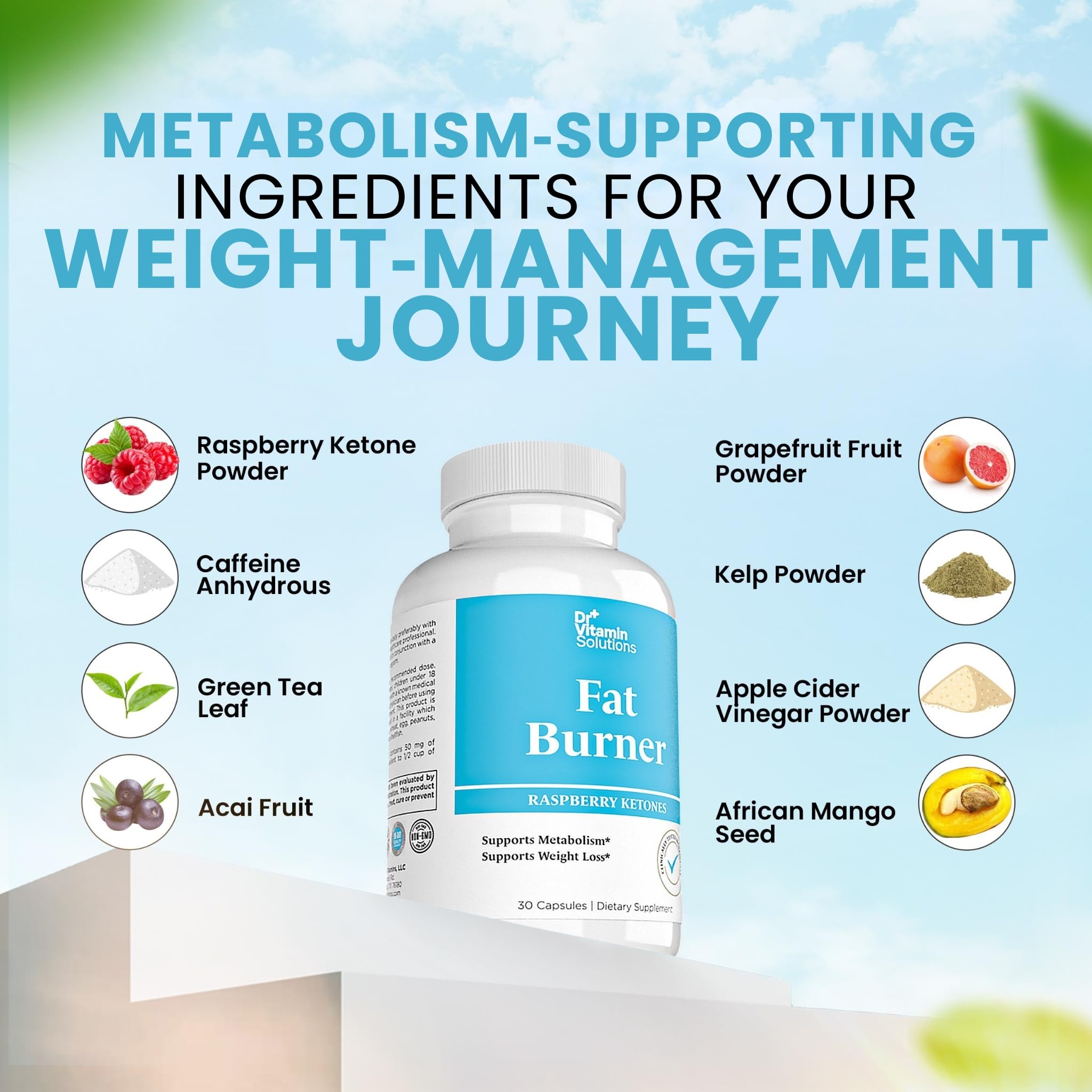 DR VITAMIN SOLUTIONS Fat Burner — botella trasera, información de uso y seguridad.
