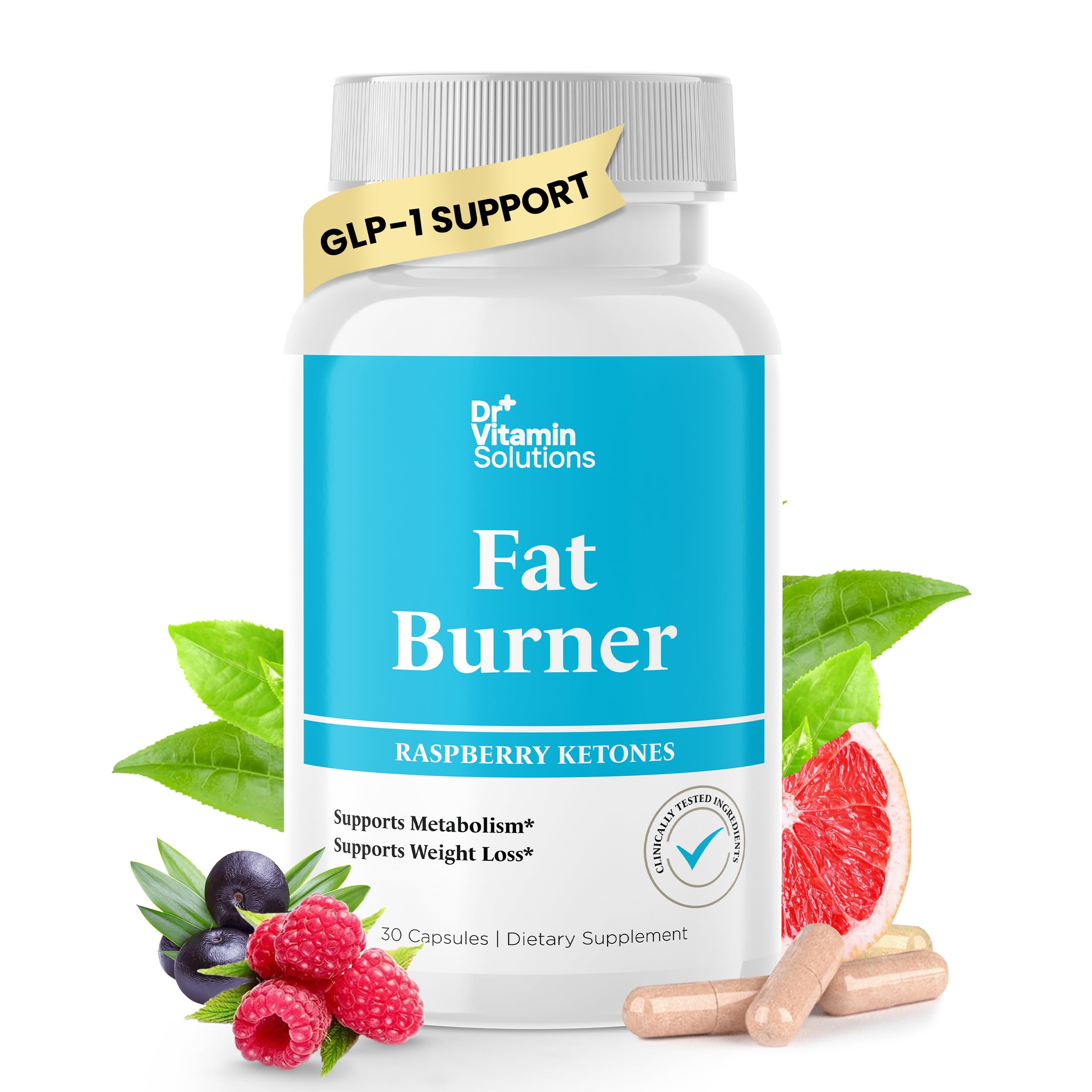 DR VITAMIN SOLUTIONS Fat Burner — botella frontal, ayuda a la energía matutina.