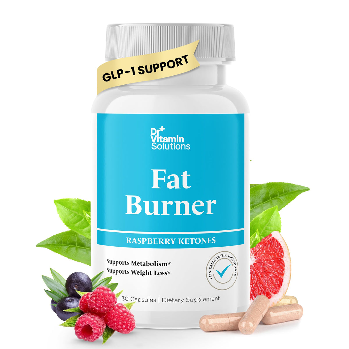 DR VITAMIN SOLUTIONS Fat Burner — botella frontal, ayuda a la energía matutina.