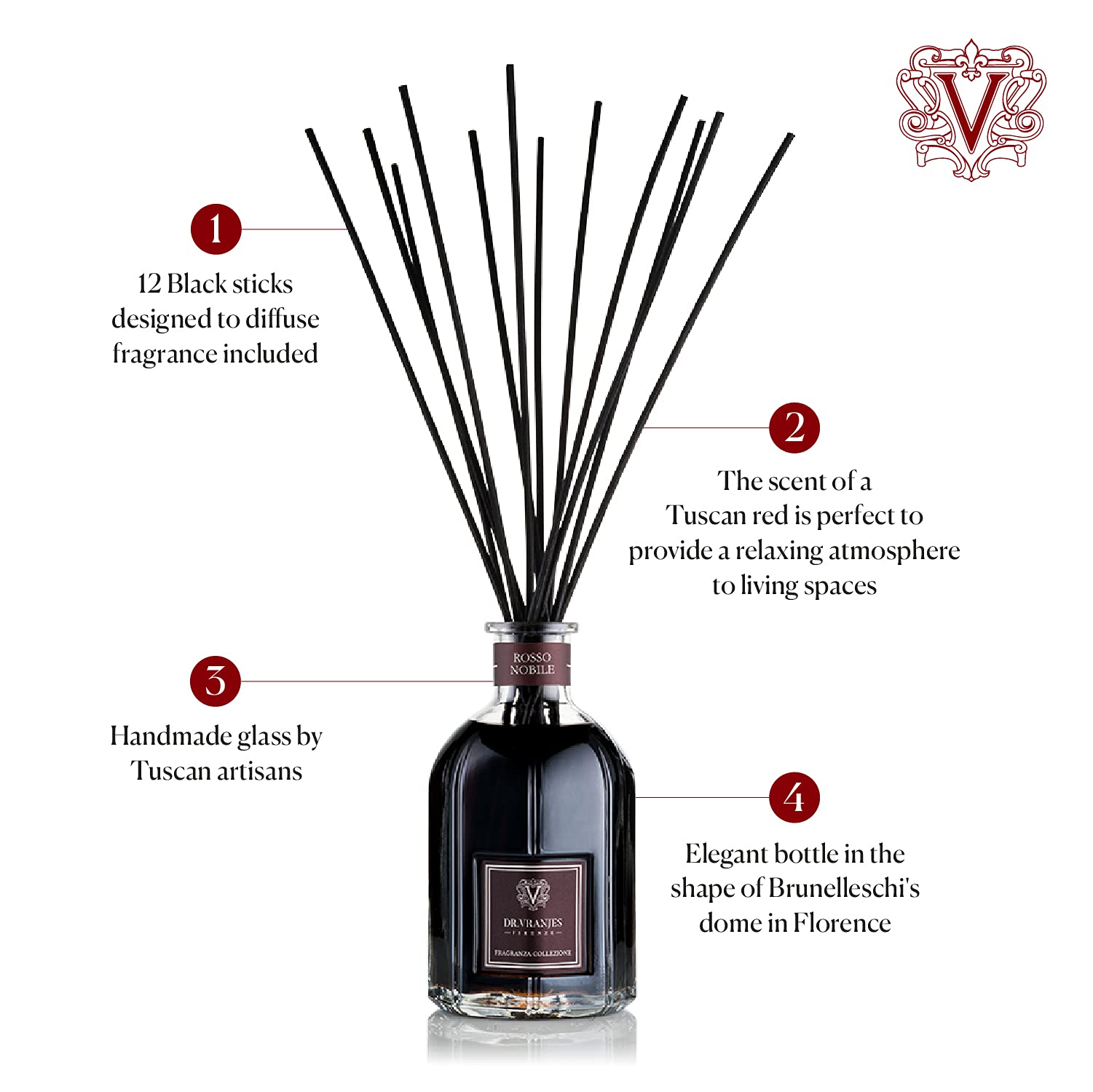 Dr. Vranjes Rosso Nobile, cañas de bambu, difusión suave para ambiente cálido.