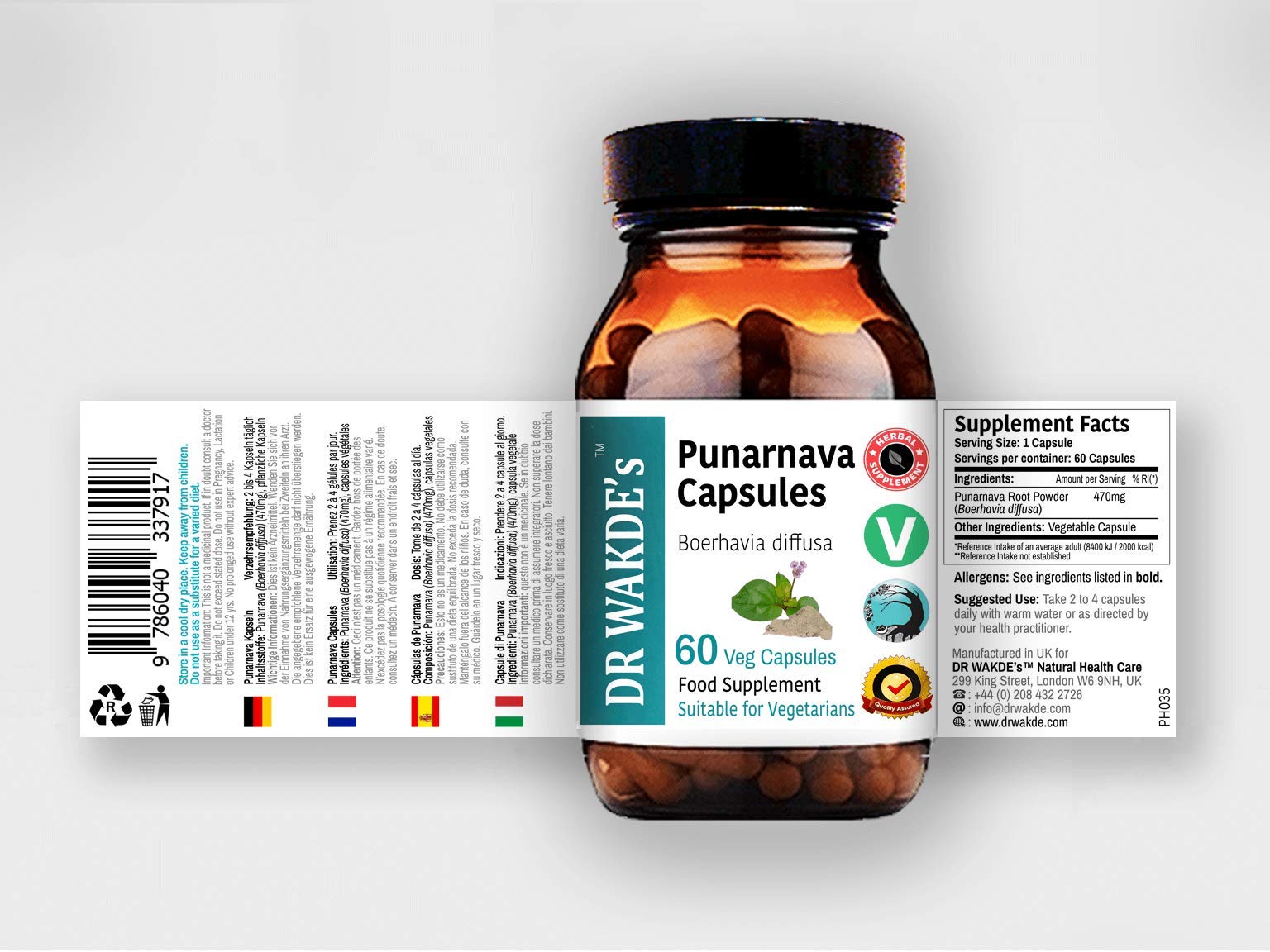 DR WAKDE'S Punarnava: textura de cápsulas para consumo cómodo.
