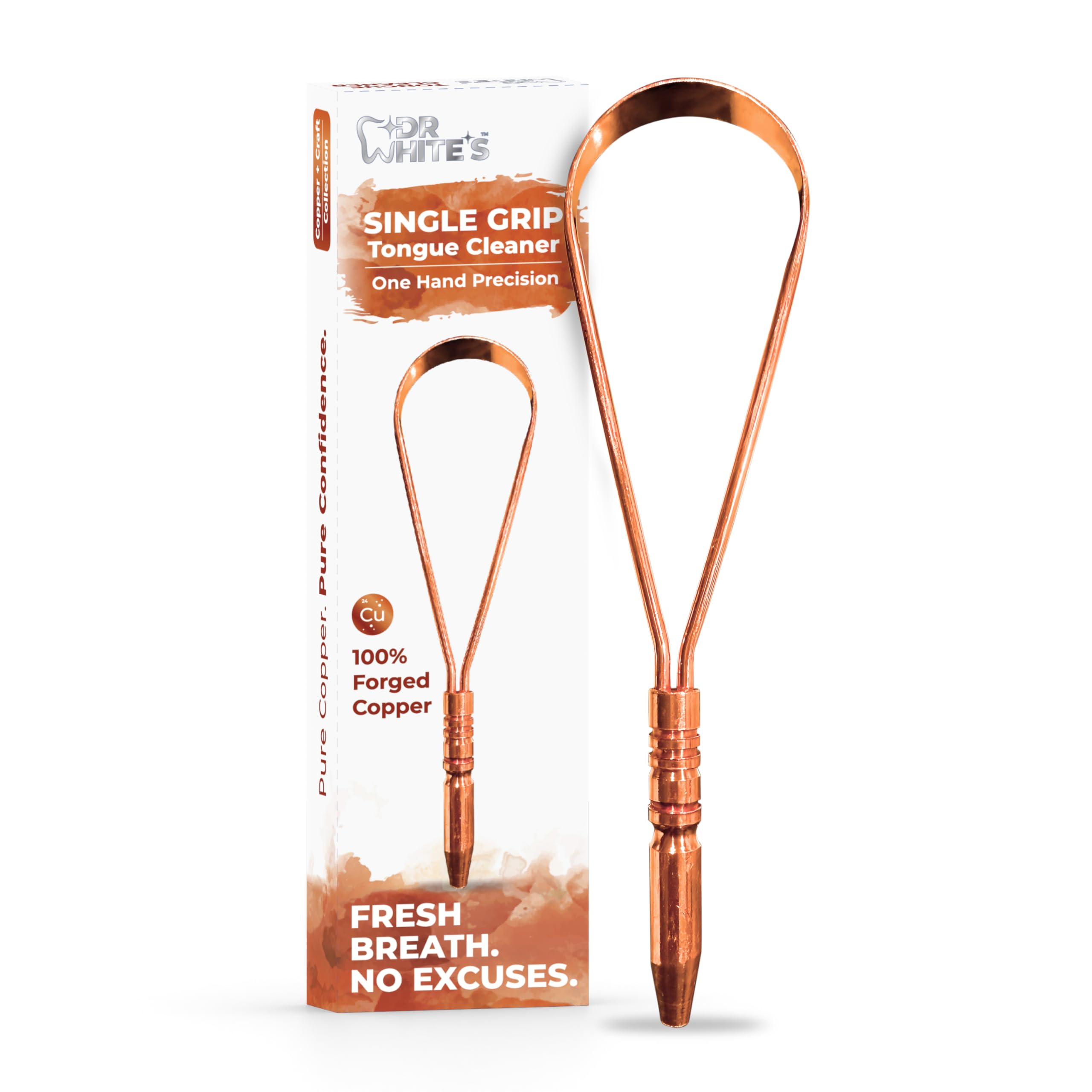 Raspador de lengua Dr. White's forjado en cobre con agarre único para control preciso.