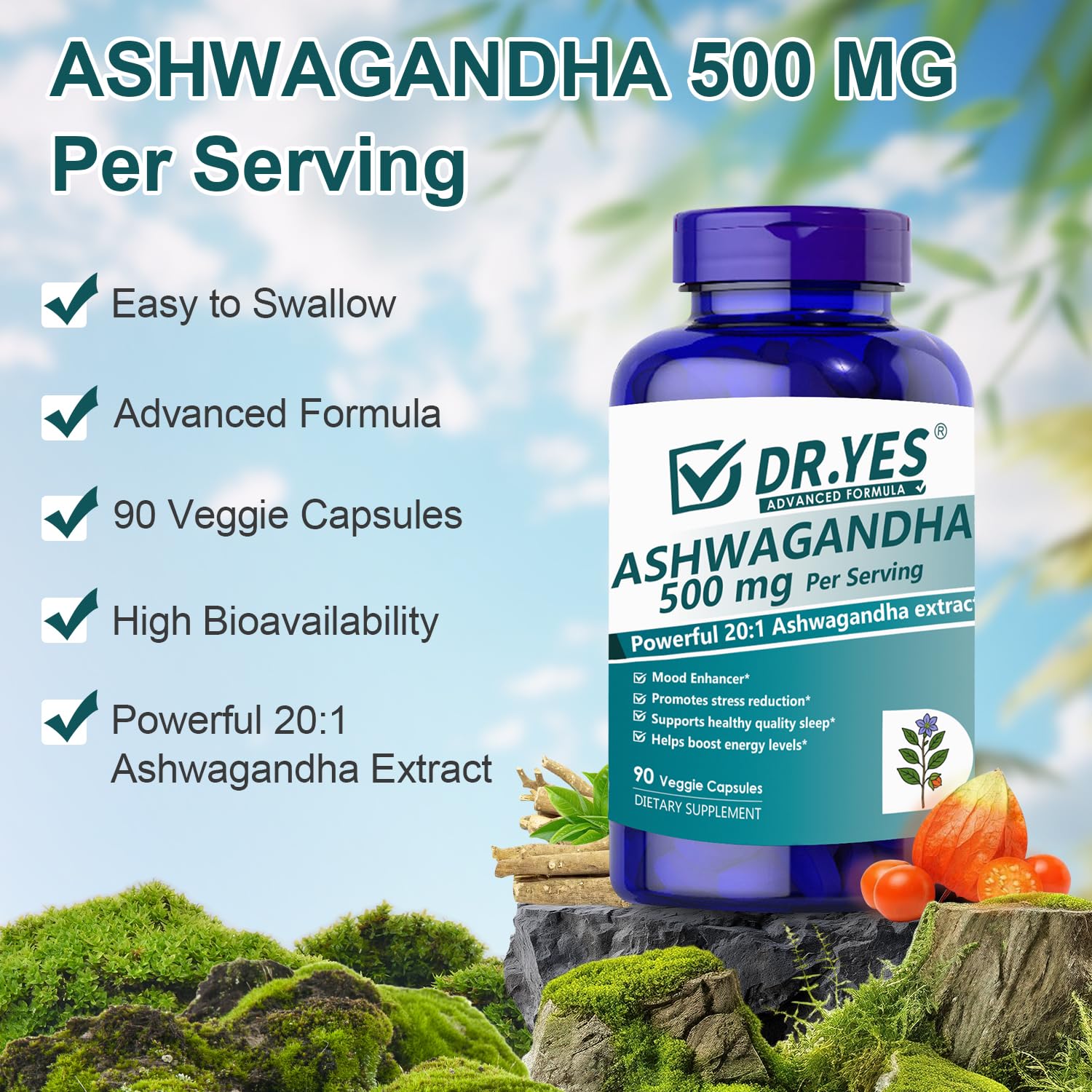 DR YES Ashwagandha Cápsulas 500 mg, caja y cápsulas visibles, posible aumento de energía diaria.