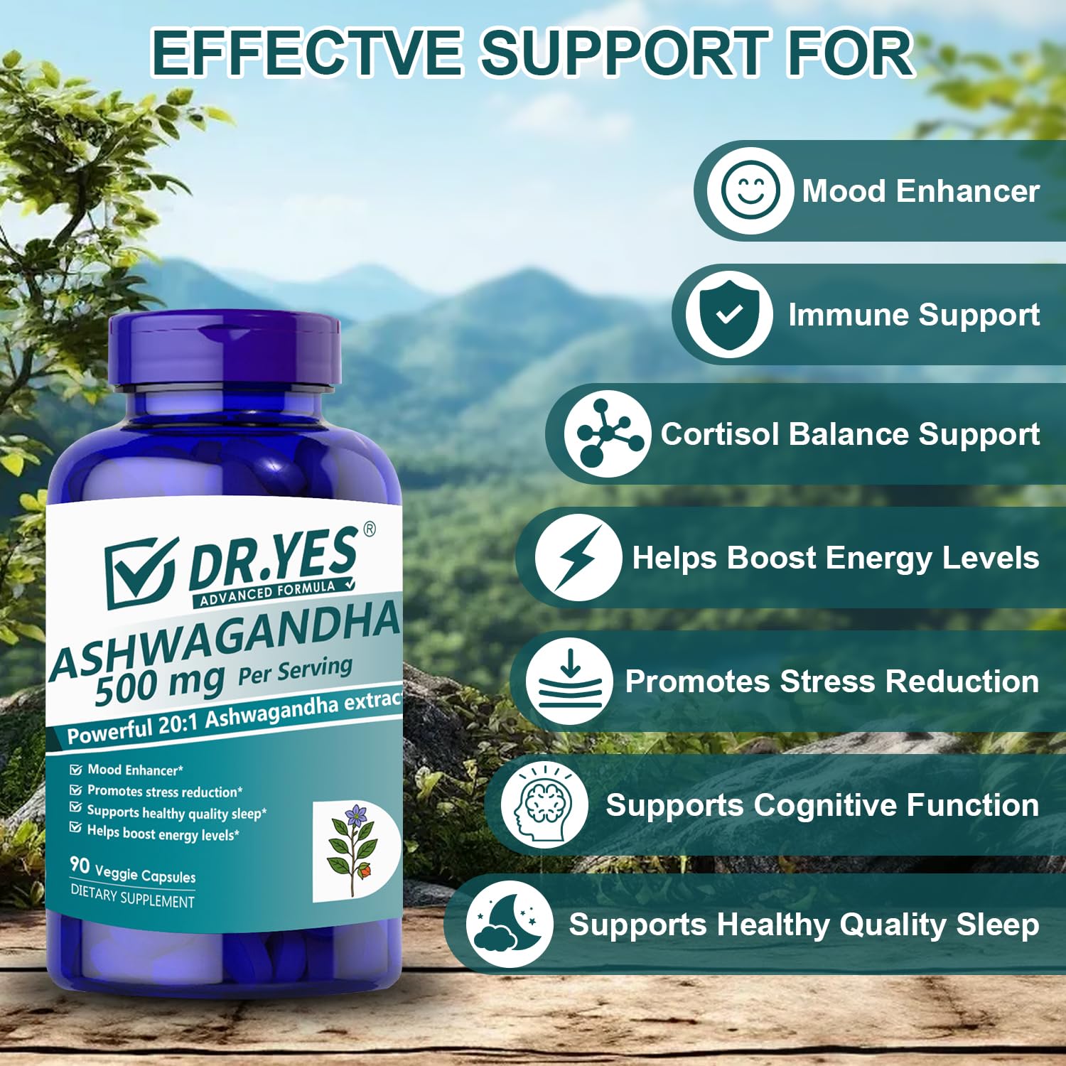DR YES Ashwagandha Cápsulas 500 mg, extracto visible, apoyo a la calma y al descanso.