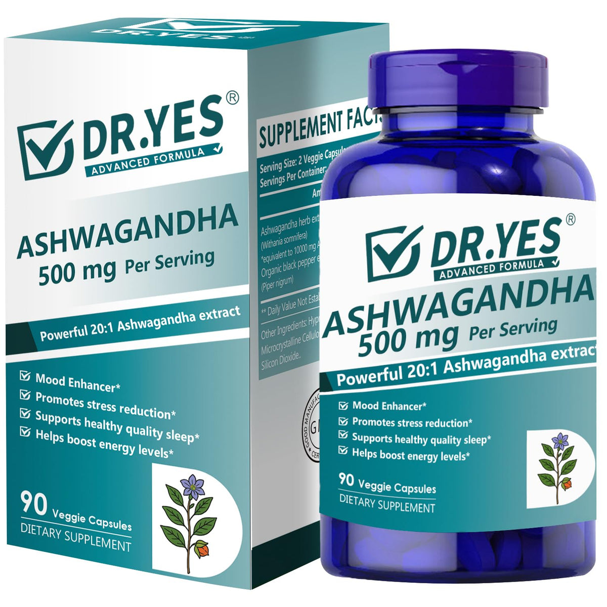 DR YES Ashwagandha Cápsulas 500 mg, frontal de la botella, apoyo al manejo del estrés.