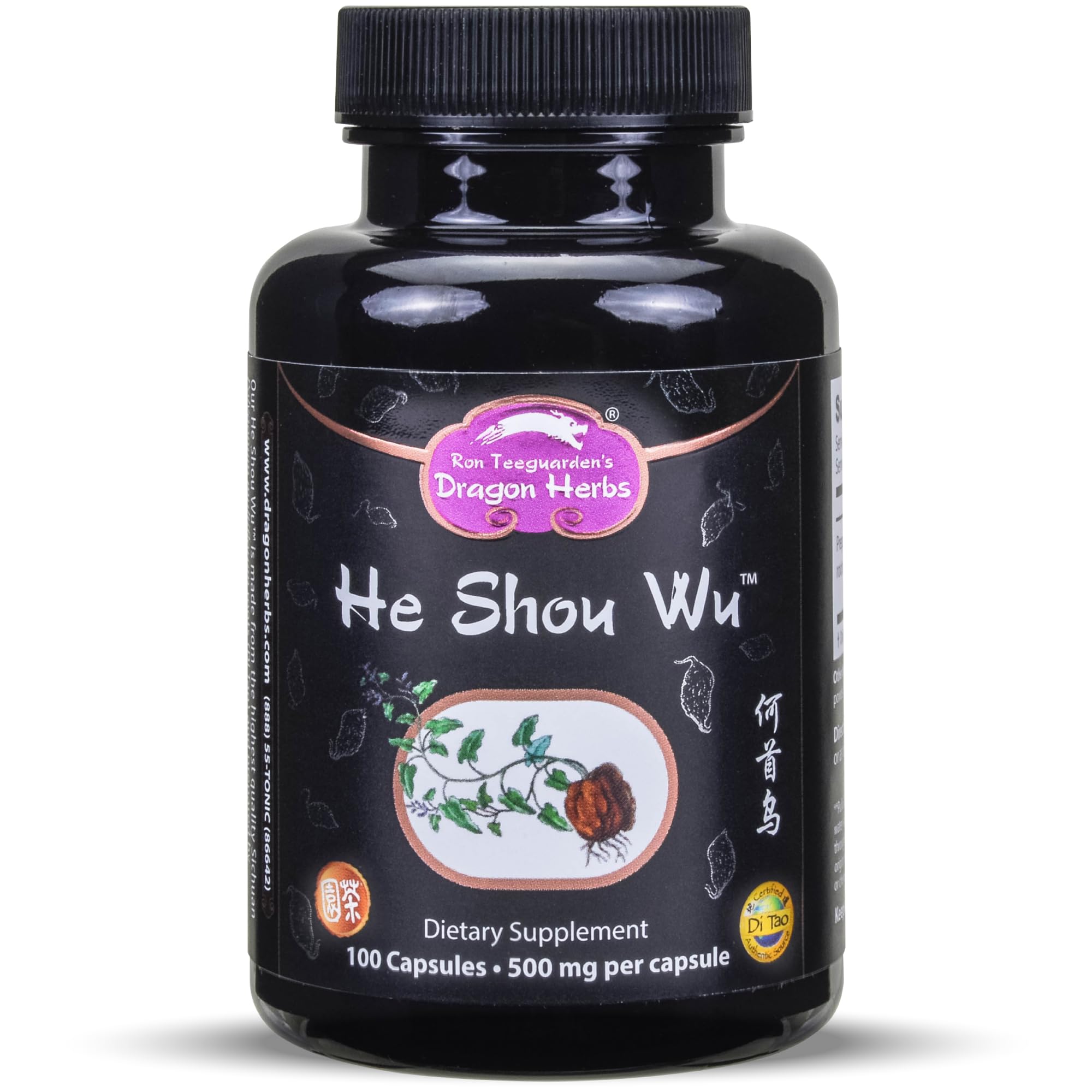 Dragon Herbs He Shou Wu, botella de cápsulas, apoyo a la energía y vitalidad diaria