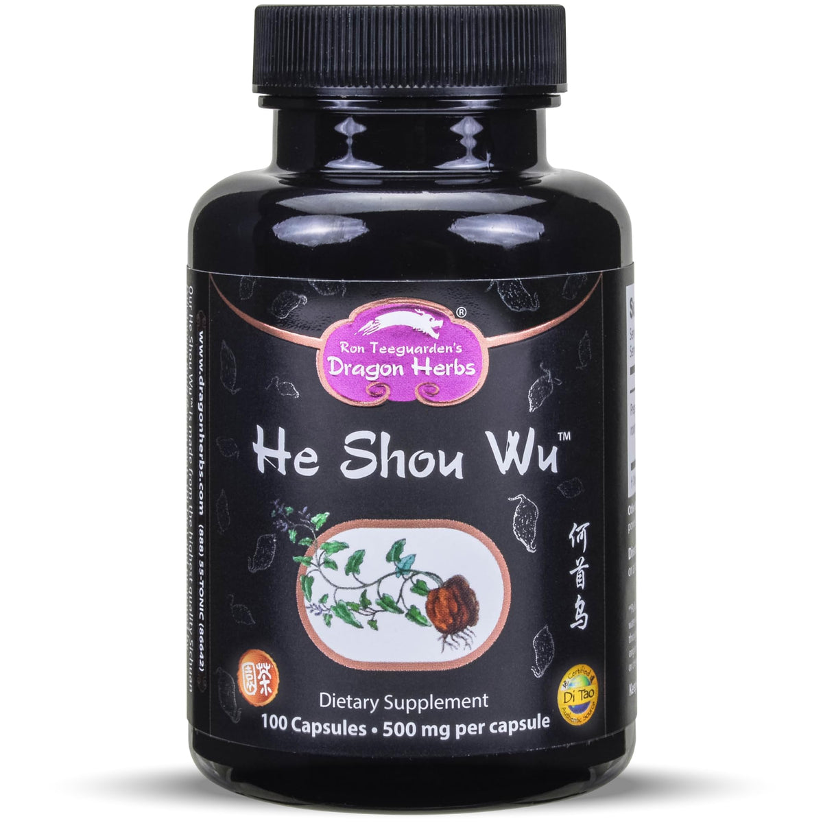 Dragon Herbs He Shou Wu, botella de cápsulas, apoyo a la energía y vitalidad diaria