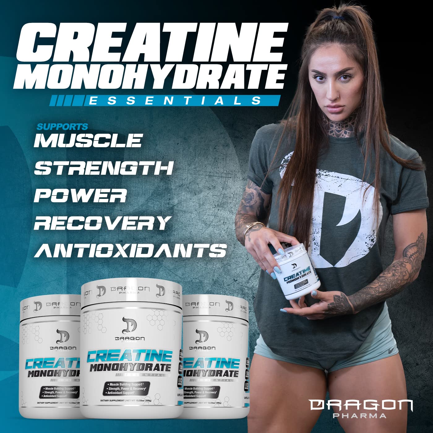 DRAGON PHARMA Creatina Monohidrato etiqueta frontal para información clara.