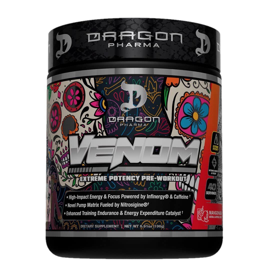 Venom de Dragon Pharma en frasco, potencia extrema para entrenamientos intensos.