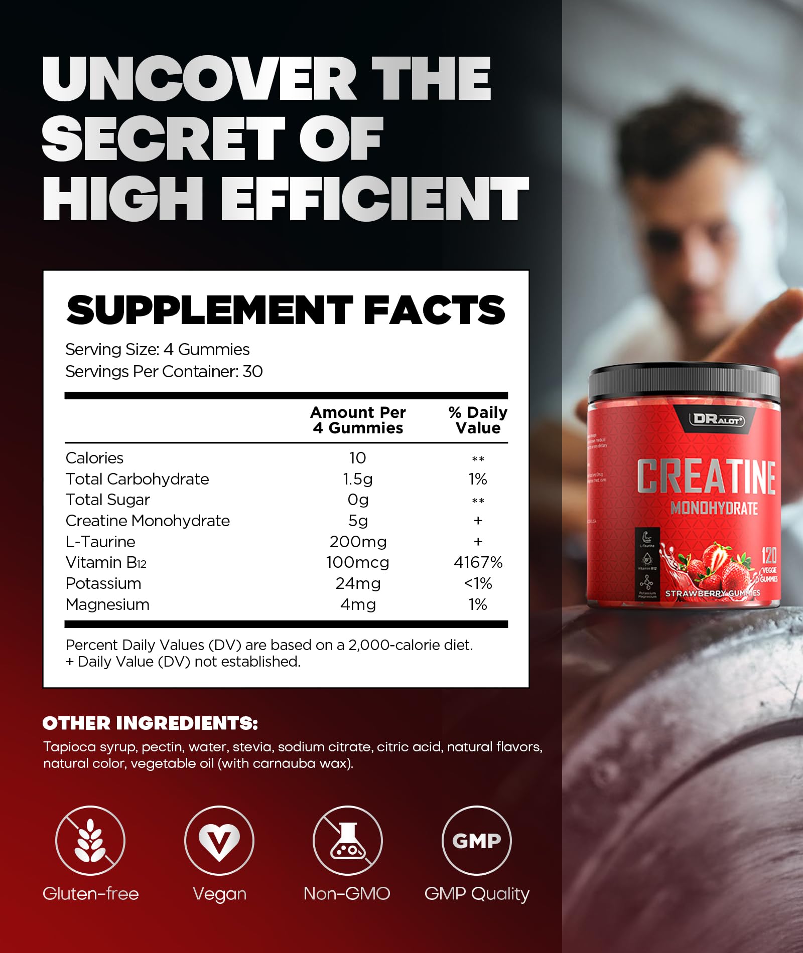 Dralot Creatina Monohidrato gominolas con ingredientes clave para soporte muscular