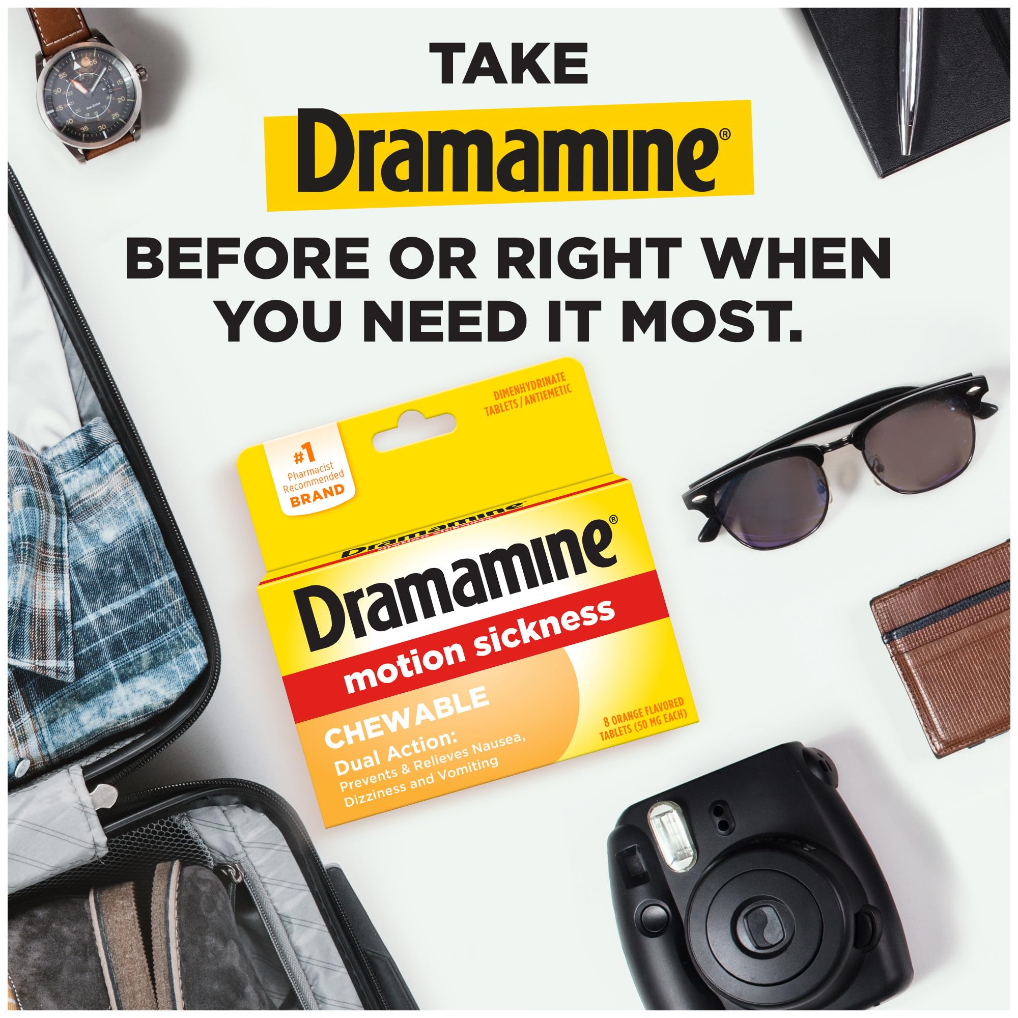 Dramamine alivio rápido de mareo con sabor naranja en viaje