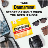 Dramamine alivio rápido de mareo con sabor naranja en viaje