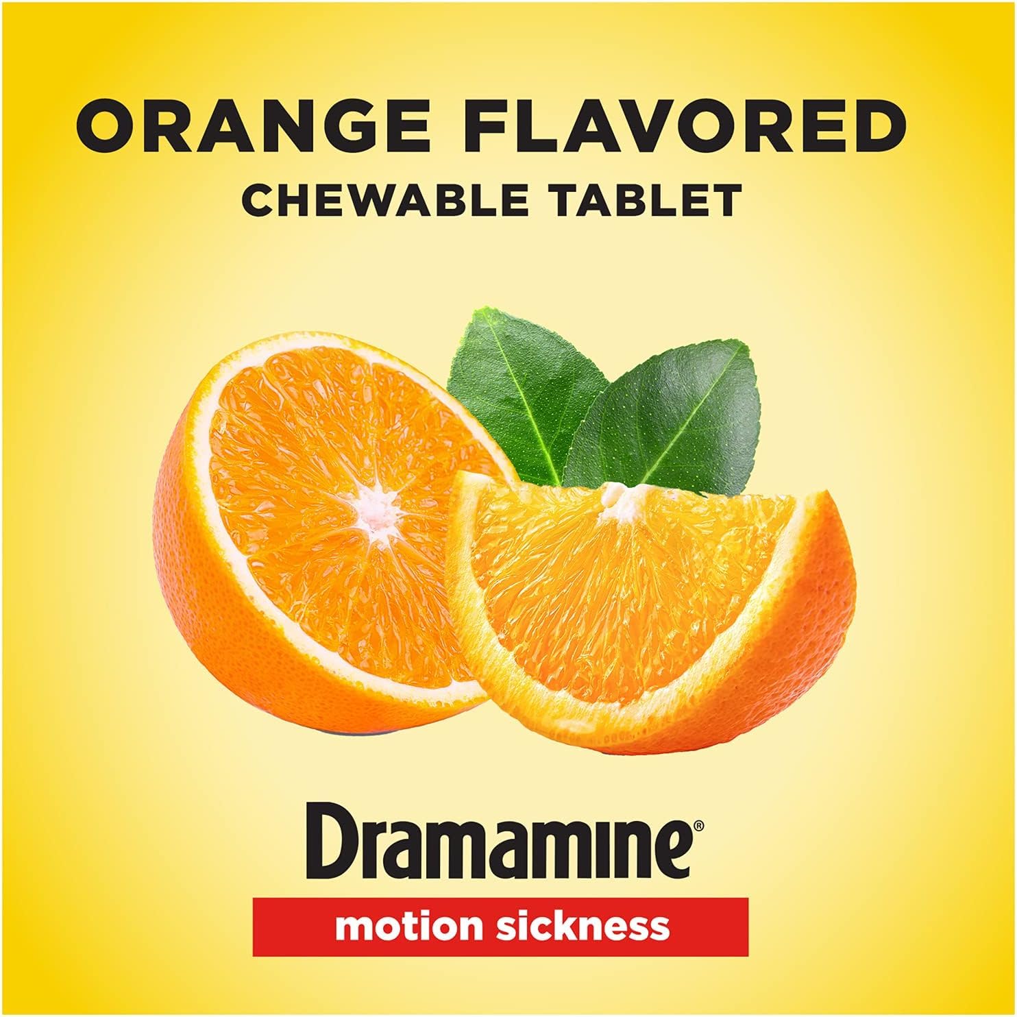 Dramamine, botella con tabletas naranjas, dosificación fácil para viajes.