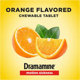 Dramamine, botella con tabletas naranjas, dosificación fácil para viajes.
