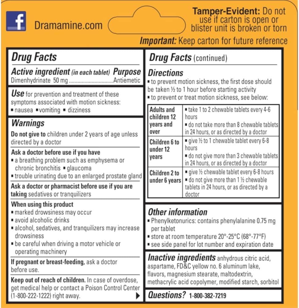 Dramamine, diseño de empaque naranja, fácil reconocimiento.