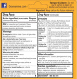 Dramamine, diseño de empaque naranja, fácil reconocimiento.