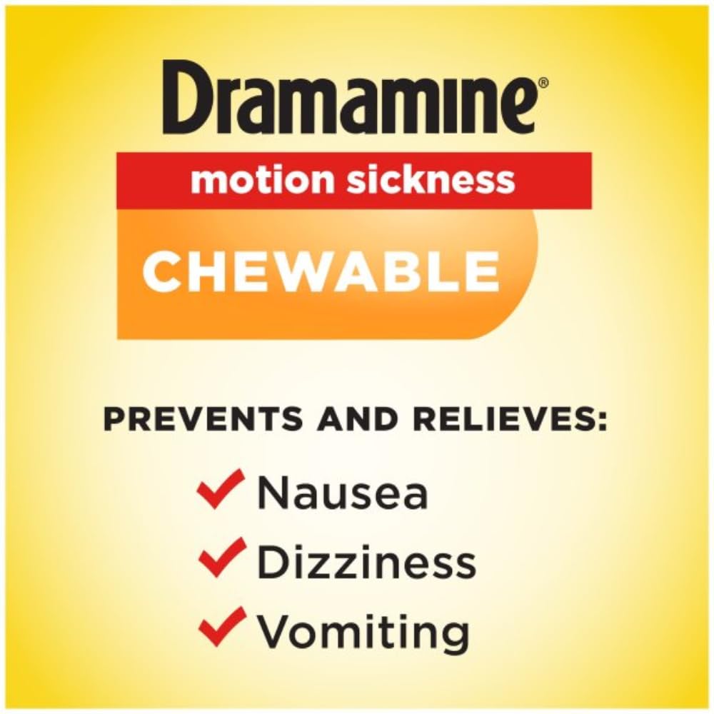 Envase naranja de Dramamine protege las tabletas masticables para uso inmediato.