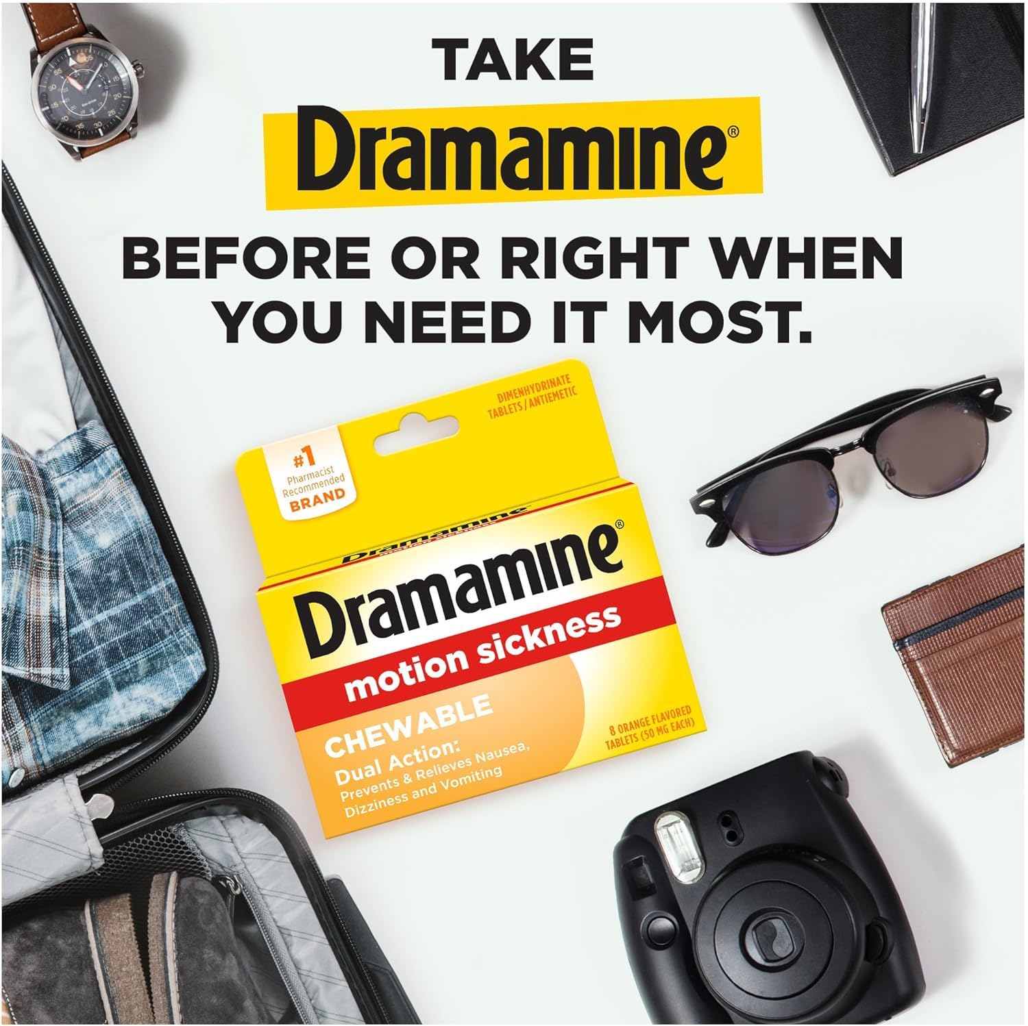 Dramamine, etiqueta de la botella con información clara.