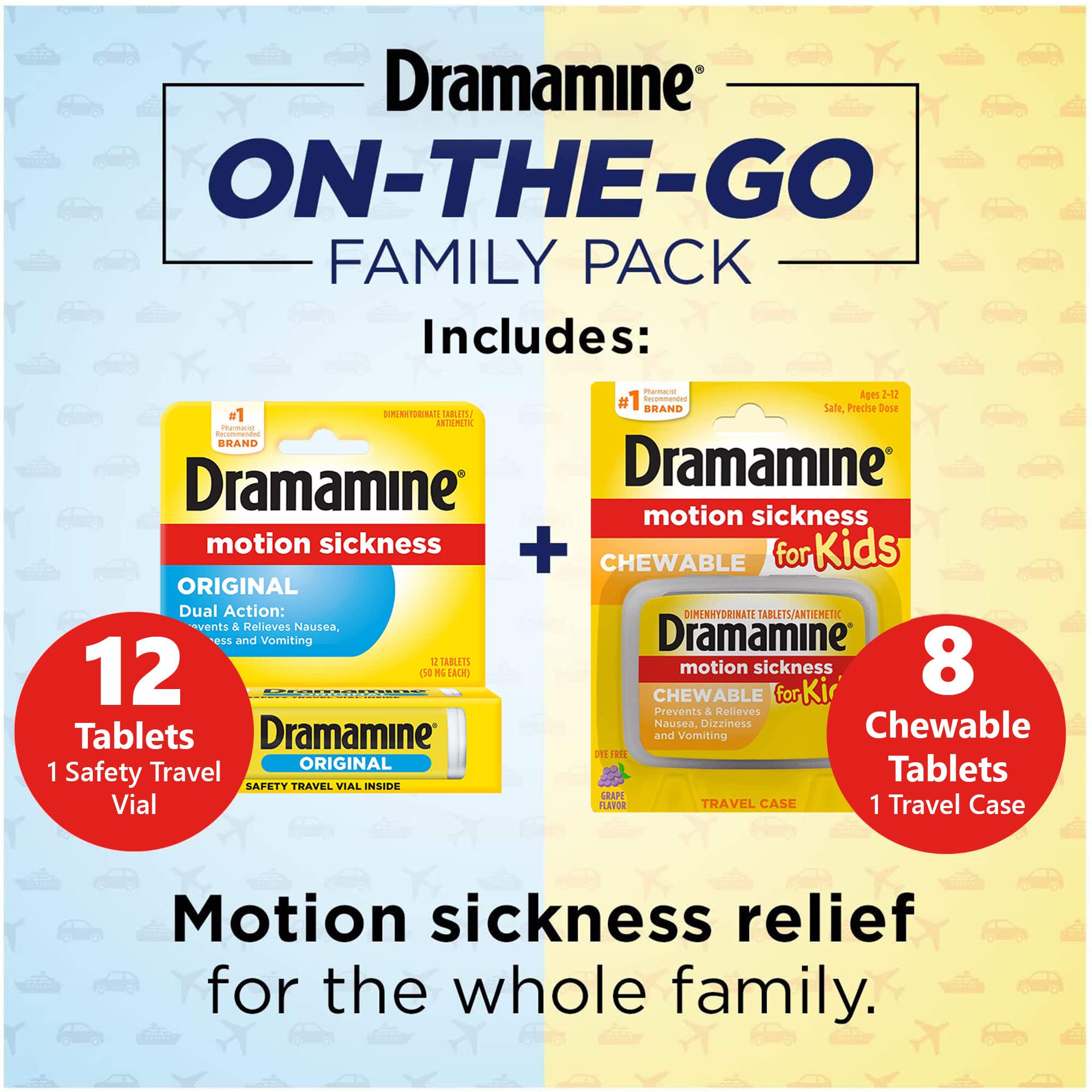 Dramamine para Niños: tabletas masticables sabor uva, dosis segura para 2–12 años.
